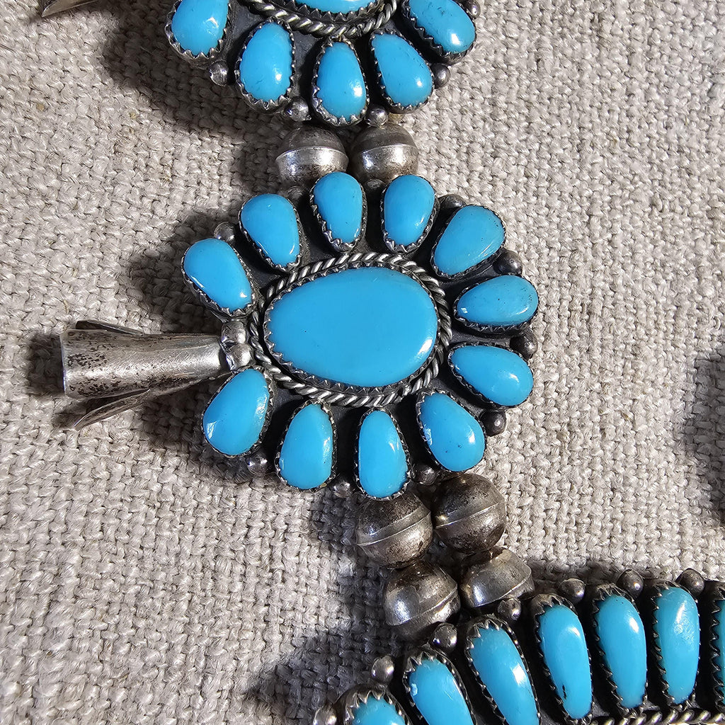 Signed Zuni Statement Blue Turquoise Squash Blossom Necklace: Old Pawn Sterling Silver  JN 741