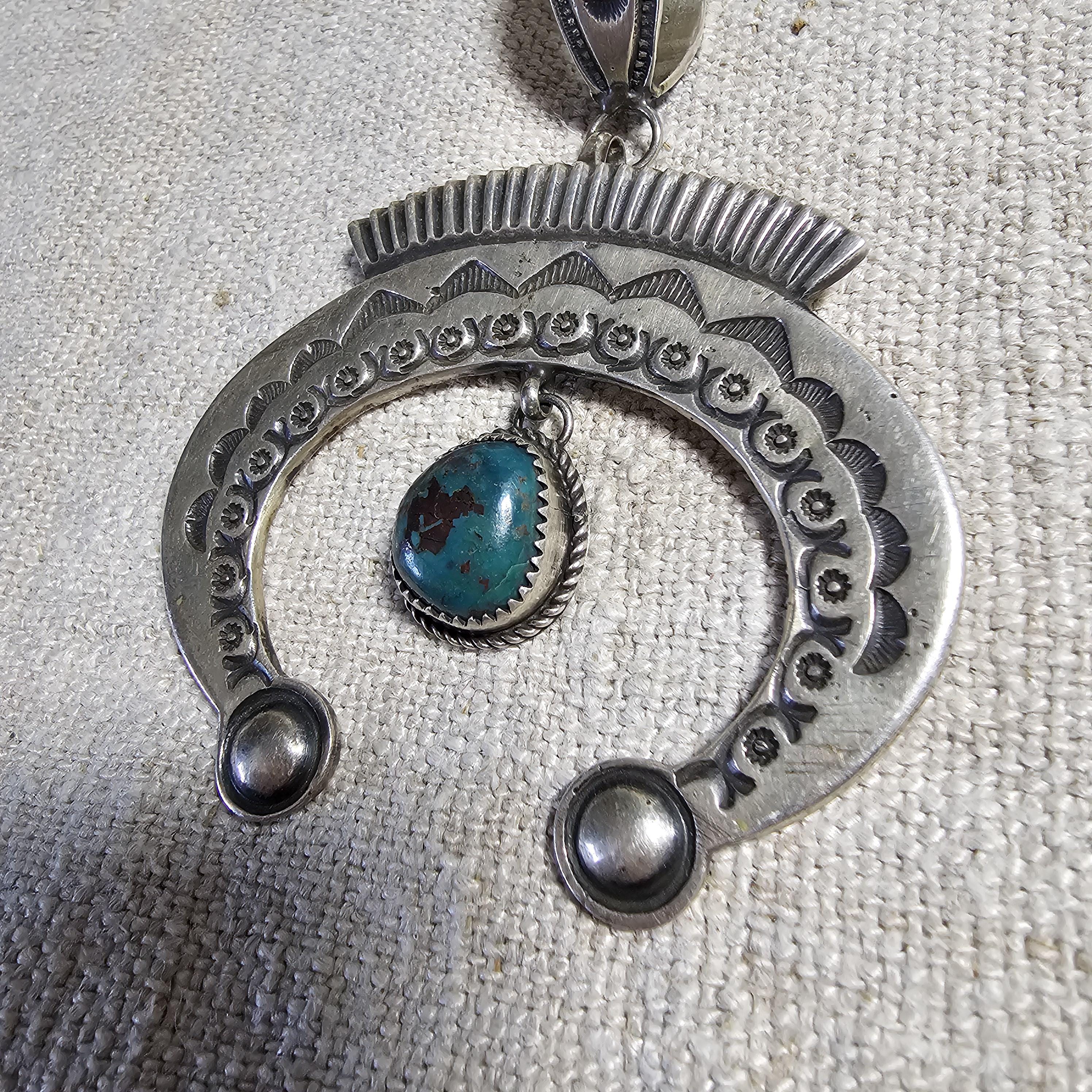 Sterling & Turquoise Naja Signed Native Pendent Old Pawn Sterling # JPN 145