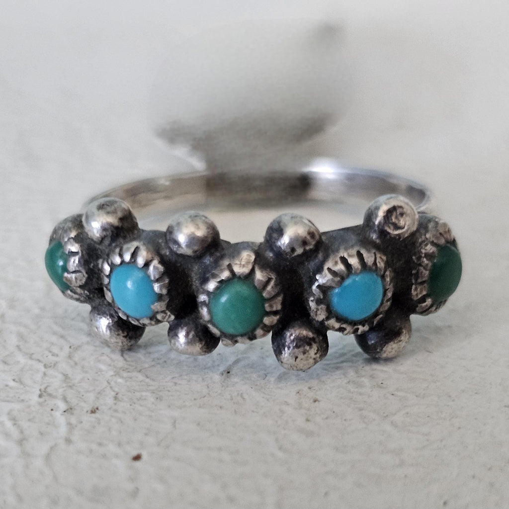 1940s Zuni Snakeye 5 Blue/Green Turquoise Silver Ring Vintage Sterling Old Pawn Size 6 JR 384