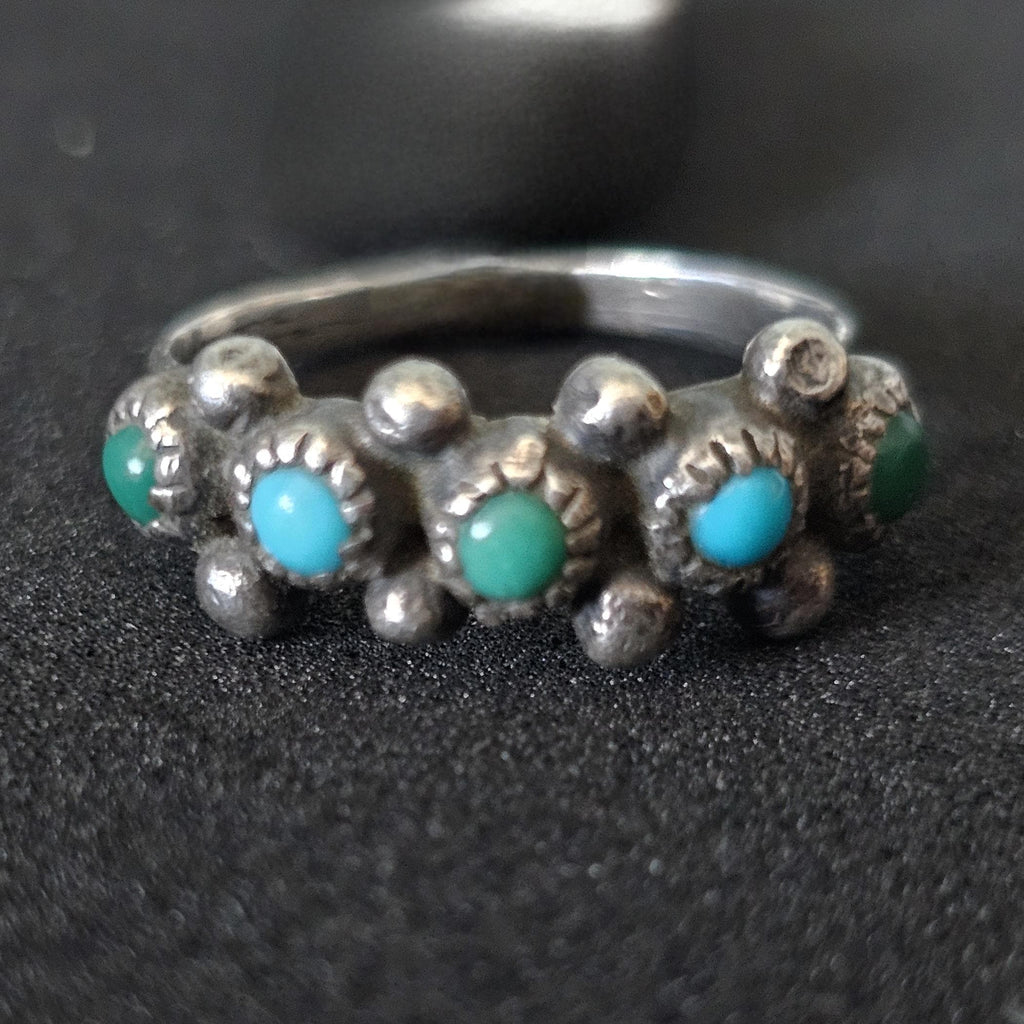 1940s Zuni Snakeye 5 Blue/Green Turquoise Silver Ring Vintage Sterling Old Pawn Size 6 JR 384