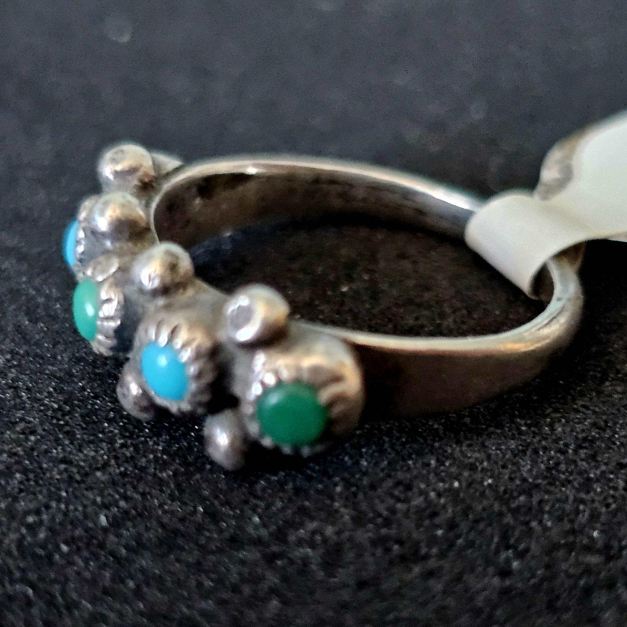 1940s Zuni Snakeye 5 Blue/Green Turquoise Silver Ring Vintage Sterling Old Pawn Size 6 JR 384