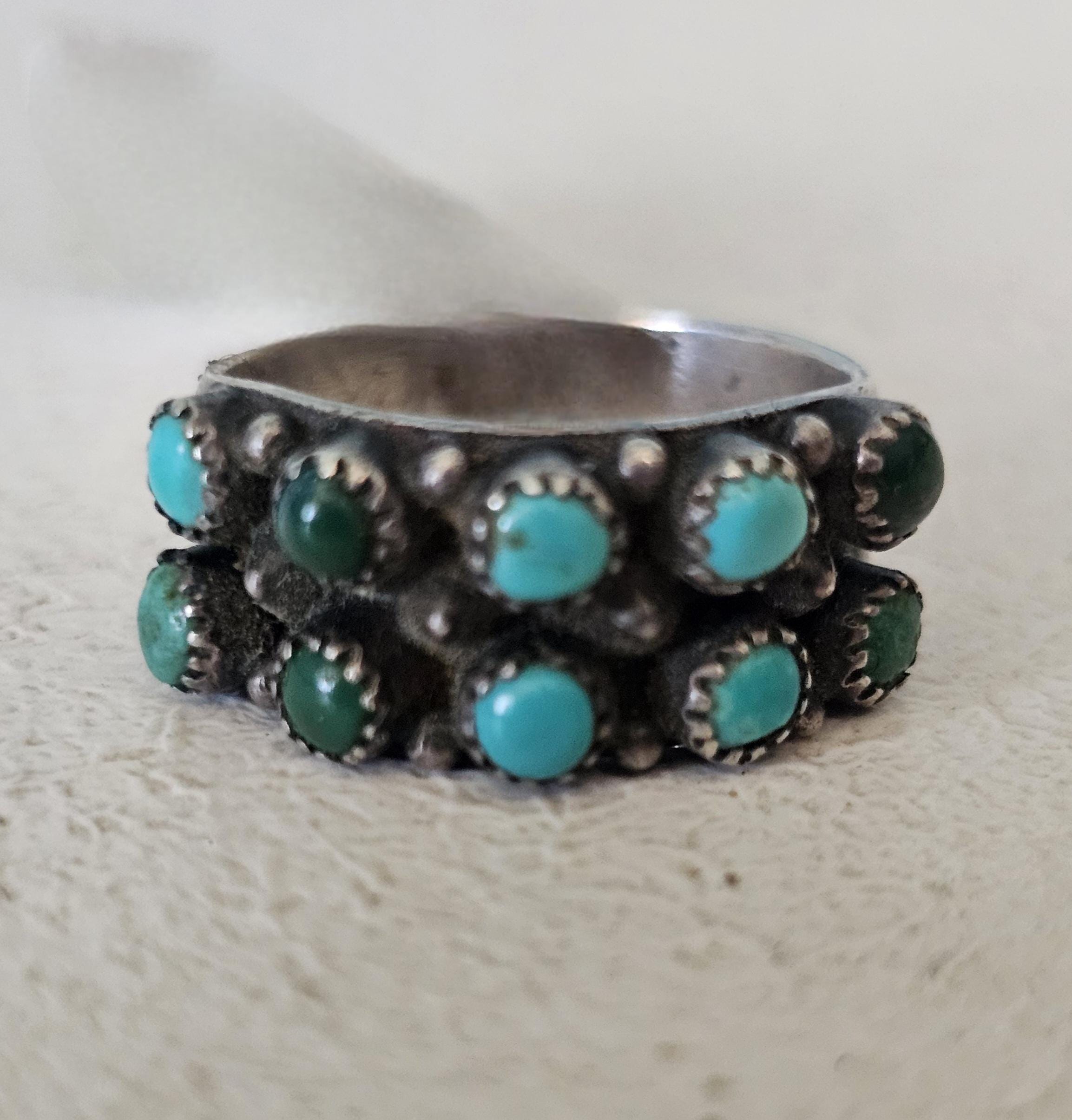 1940s 2 Row Zuni Snakeye 5 Blue/Green Turquoise Silver Ring Vintage Sterling Old Pawn Size 6 JR 336