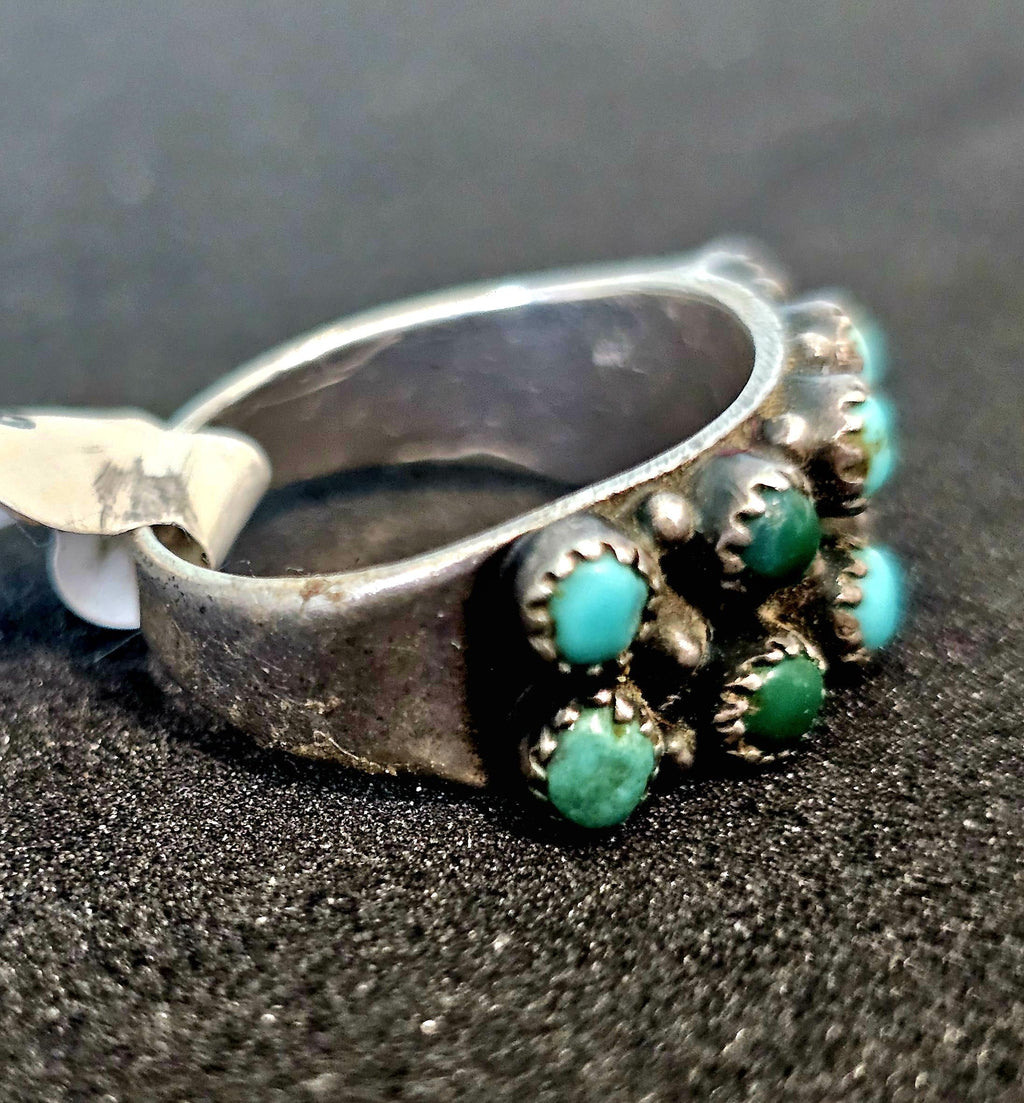 1940s 2 Row Zuni Snakeye 5 Blue/Green Turquoise Silver Ring Vintage Sterling Old Pawn Size 6 JR 336