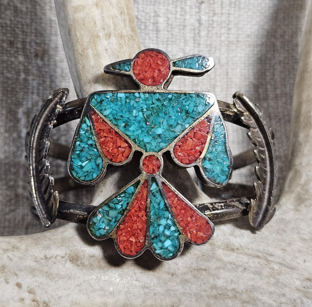 1930s Thunderbird Zuni Chip Inlay Vintage Sterling Cuff  6 1/4" wrist  JB 283