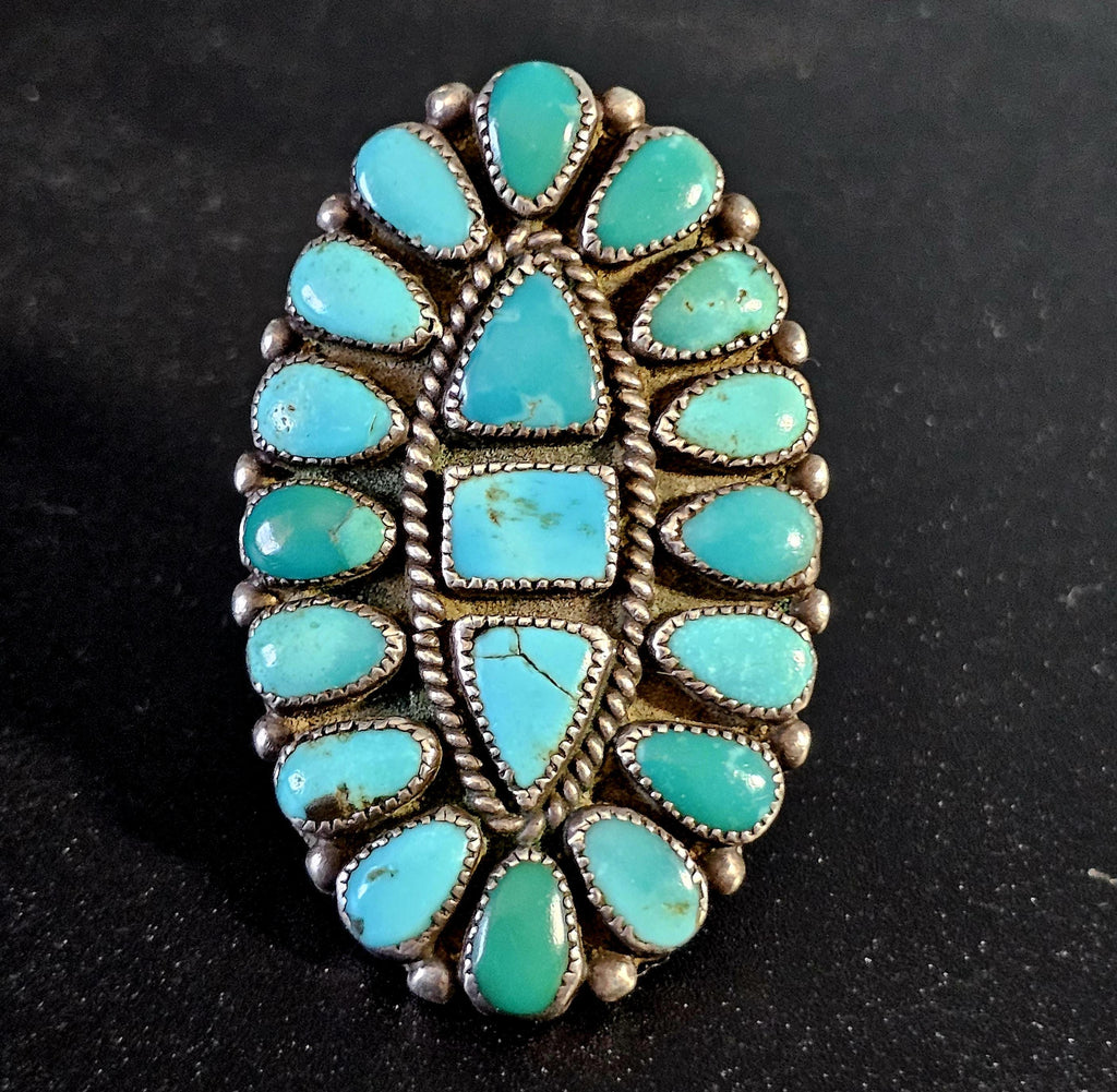 1930s Big Zuni Cluster Old Greasy Blue Turquoise Vintage Ring Old Pawn Size 10  JR 656