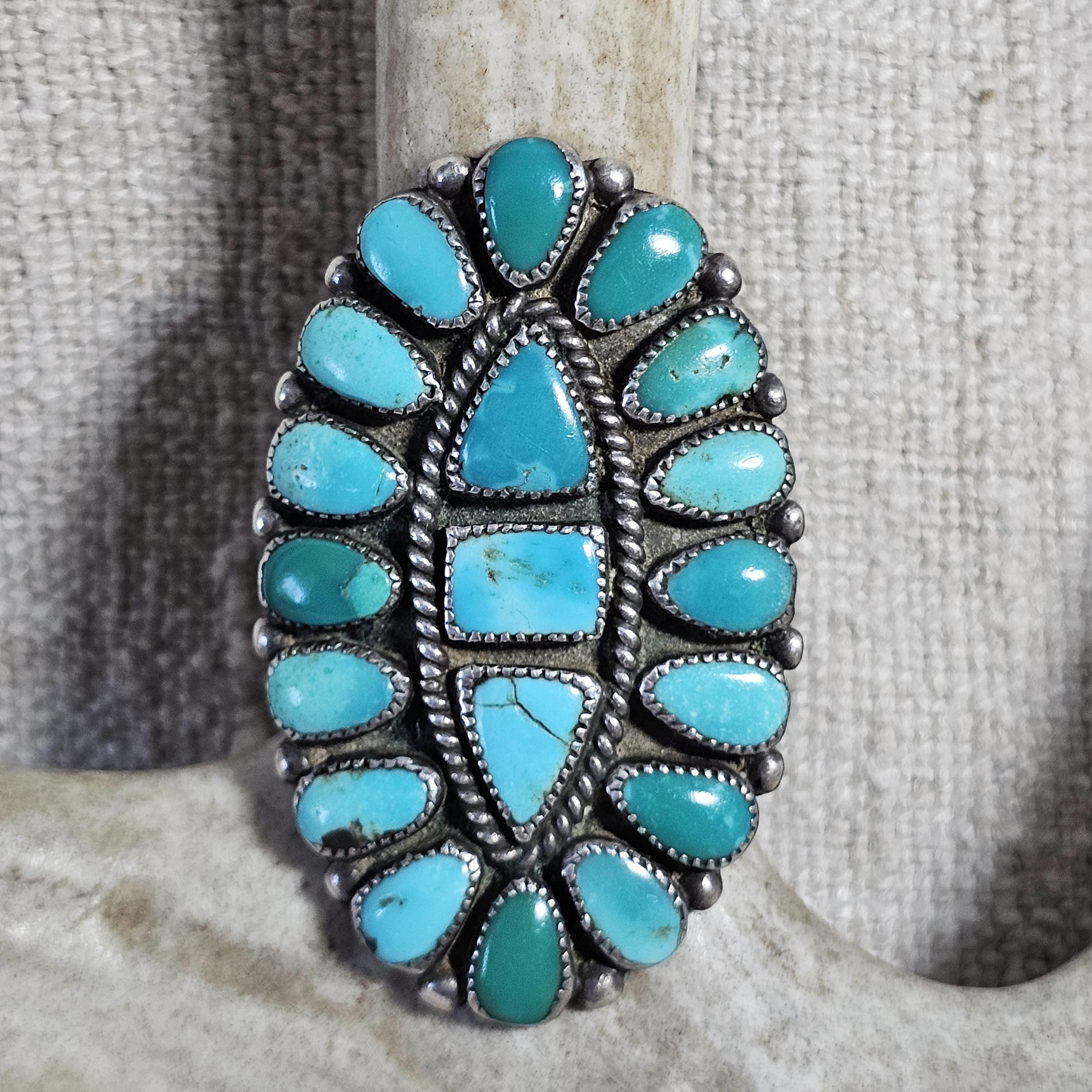 1930s Big Zuni Cluster Old Greasy Blue Turquoise Vintage Ring Old Pawn Size 10  JR 656