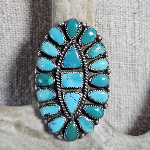 1930s Big Zuni Cluster Old Greasy Blue Turquoise Vintage Ring Old Pawn Size 10  JR 656