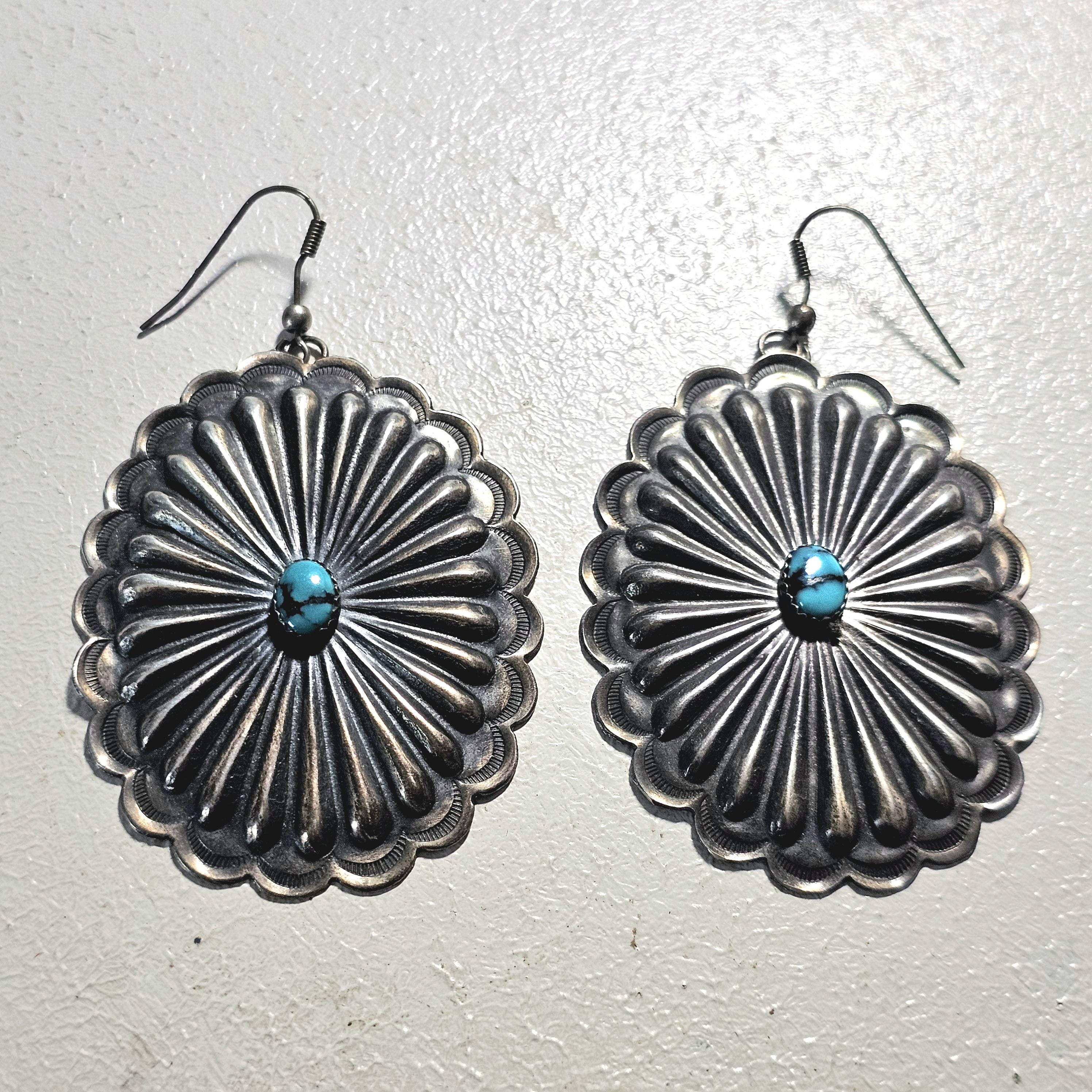 Concho Silver Turquoise Vintage Native  Earrings JE 44