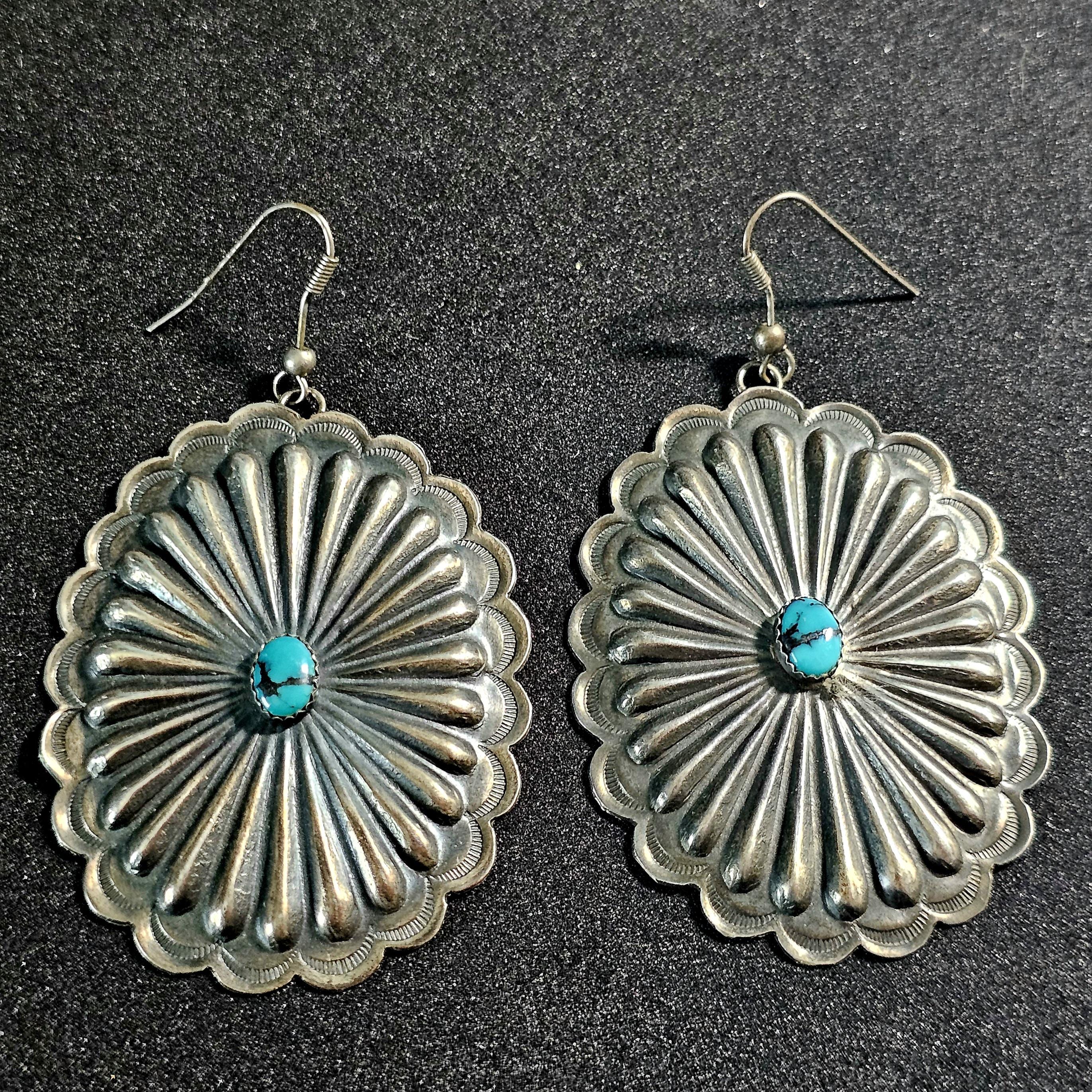Concho Silver Turquoise Vintage Native  Earrings JE 44