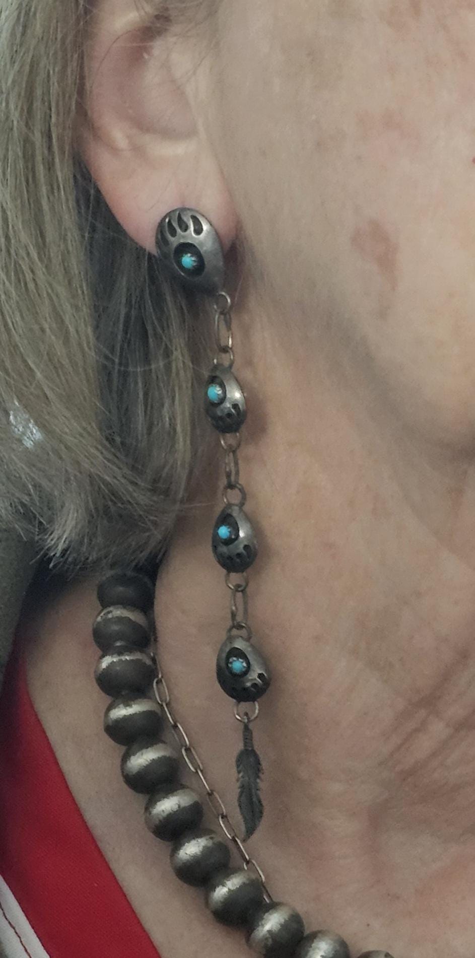4 1/2" Long Vintage Native Turquoise Bear Paw & Feathers Earrings Old Pawn  JE 615