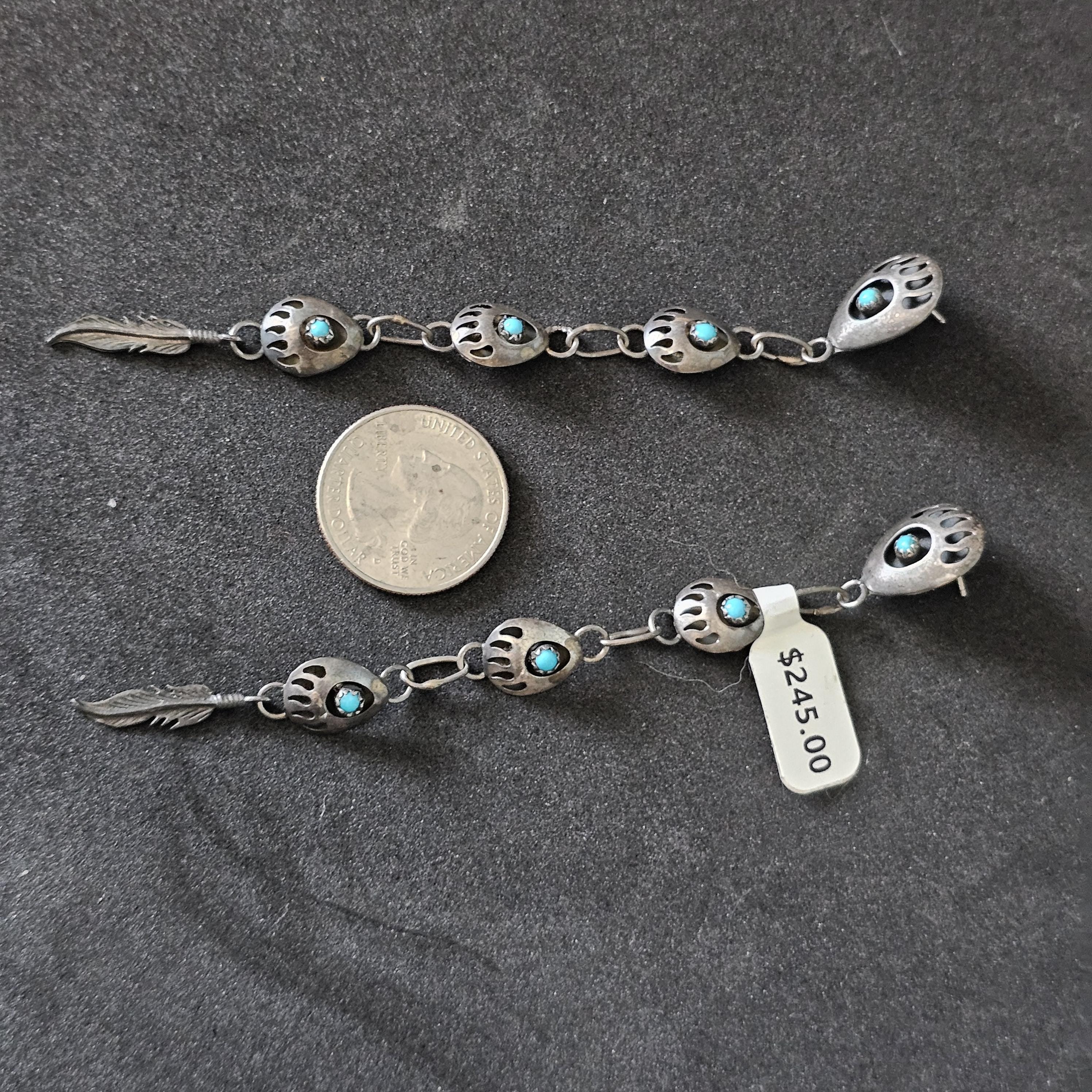 4 1/2" Long Vintage Native Turquoise Bear Paw & Feathers Earrings Old Pawn  JE 615