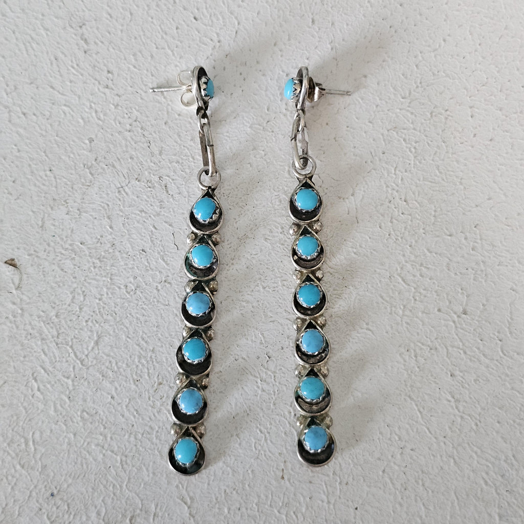 Long Zuni Shadowbox Earrings Blue Turquoise Old Pawn JE 635