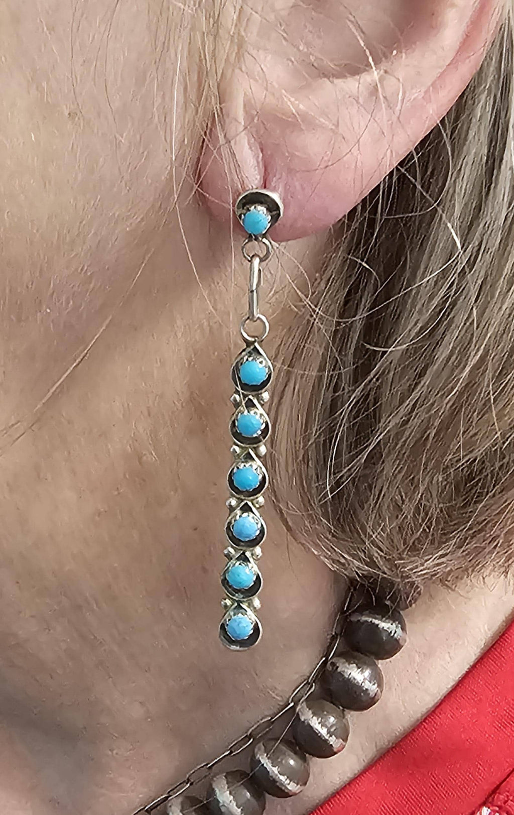 Long Zuni Shadowbox Earrings Blue Turquoise Old Pawn JE 635