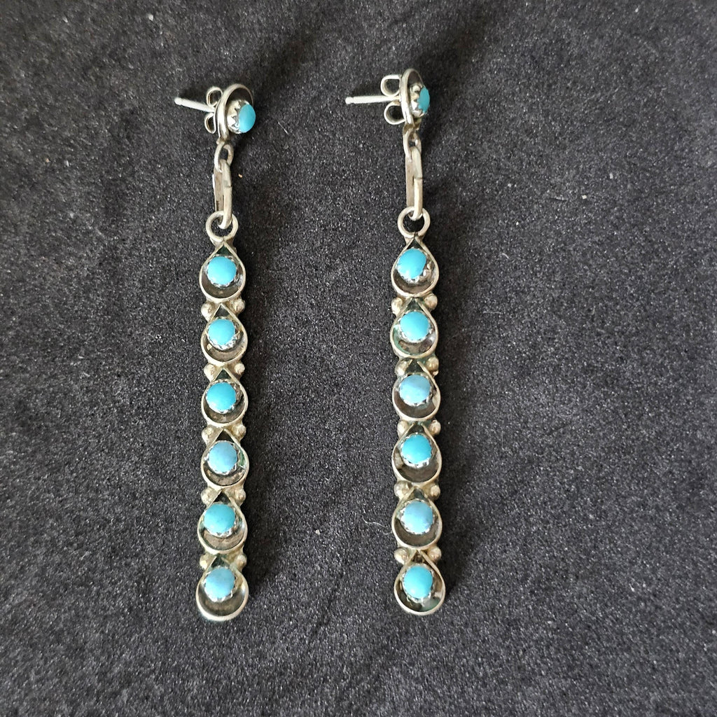 Long Zuni Shadowbox Earrings Blue Turquoise Old Pawn JE 635