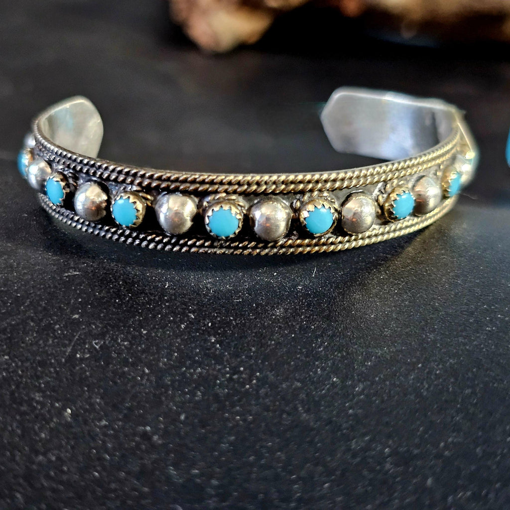 1940s Signed Vintage Turquoise & Silver Raindrops Native Cuff Bracelet Old Pawn  6 1/4" wrist. JB 236