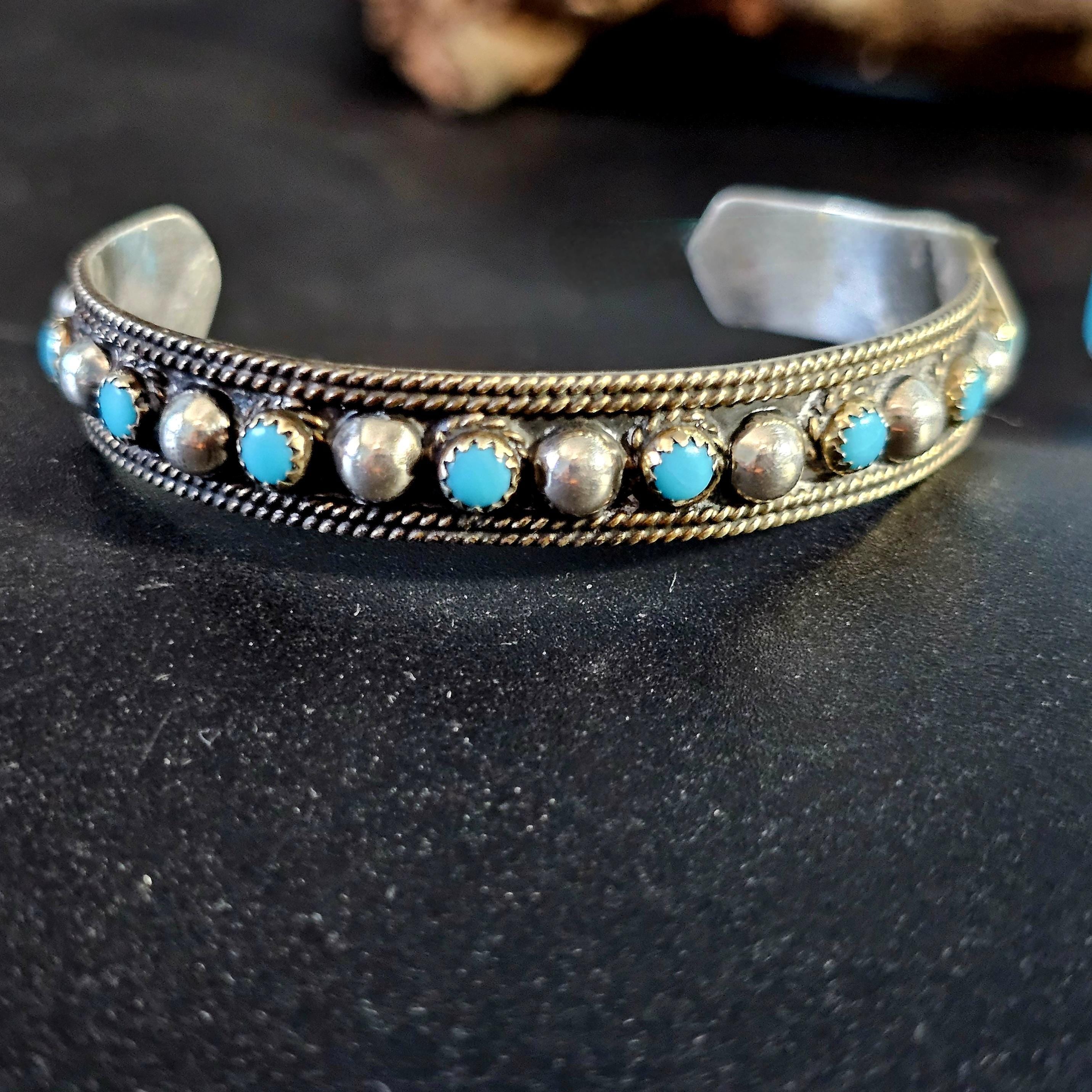 1940s Signed Vintage Turquoise & Silver Raindrops Native Cuff Bracelet Old Pawn  6 1/4" wrist. JB 236