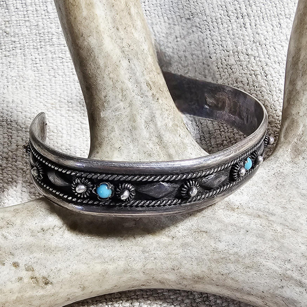 1940s Vintage Turquoise & Silver Raindrops Native Cuff Bracelet Old Pawn  6 3/4" wrist. JB 235