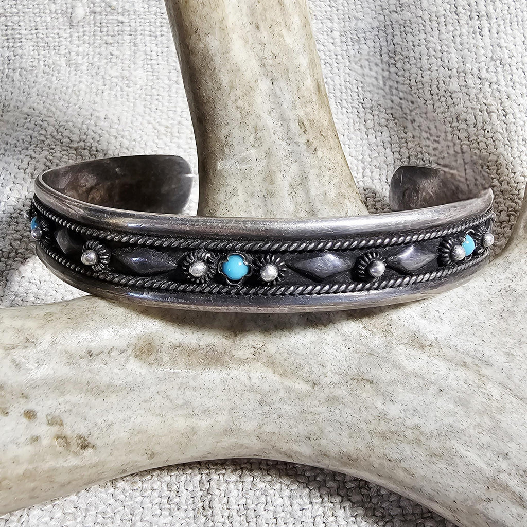 1940s Vintage Turquoise & Silver Raindrops Native Cuff Bracelet Old Pawn  6 3/4" wrist. JB 235