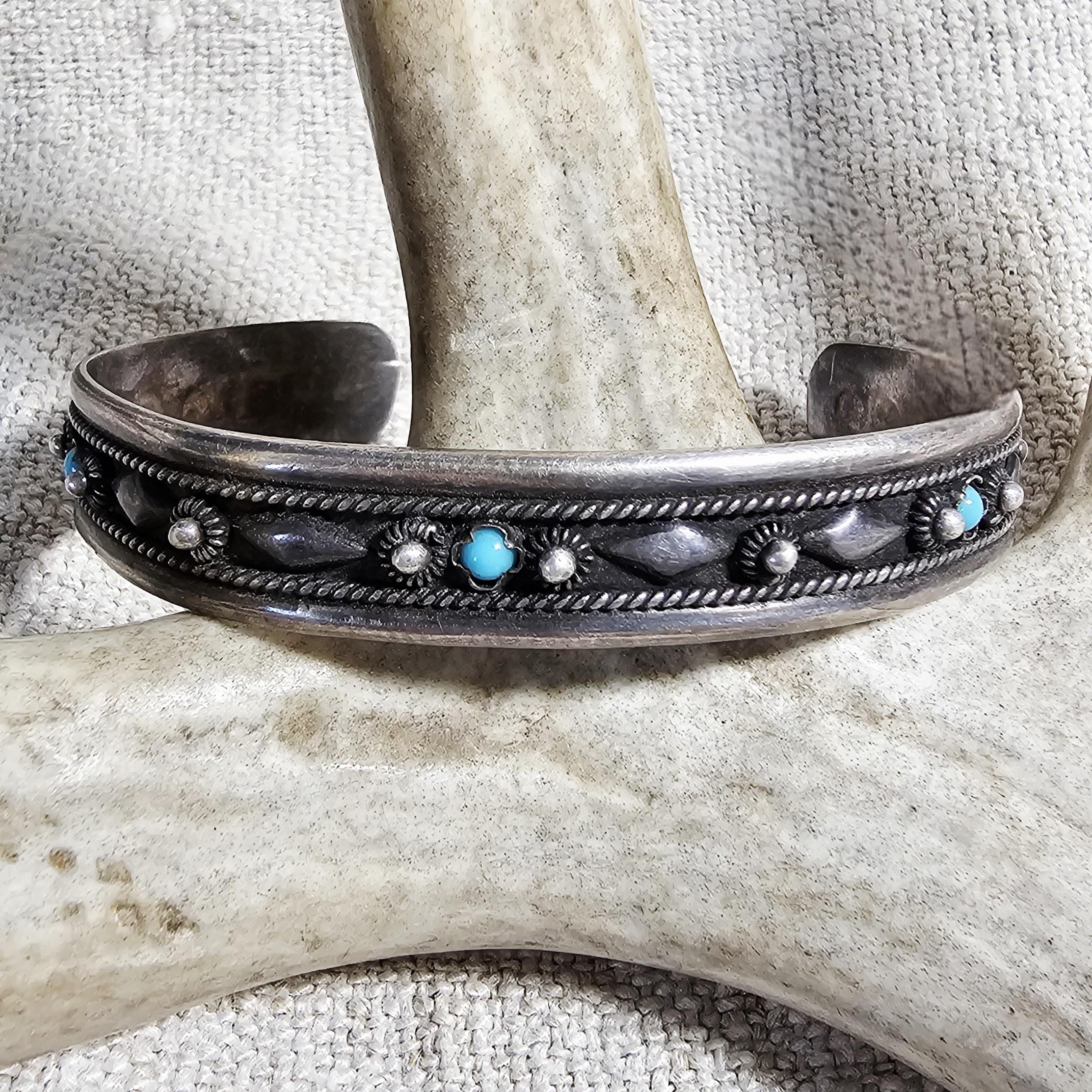 1940s Vintage Turquoise & Silver Raindrops Native Cuff Bracelet Old Pawn  6 3/4" wrist. JB 235