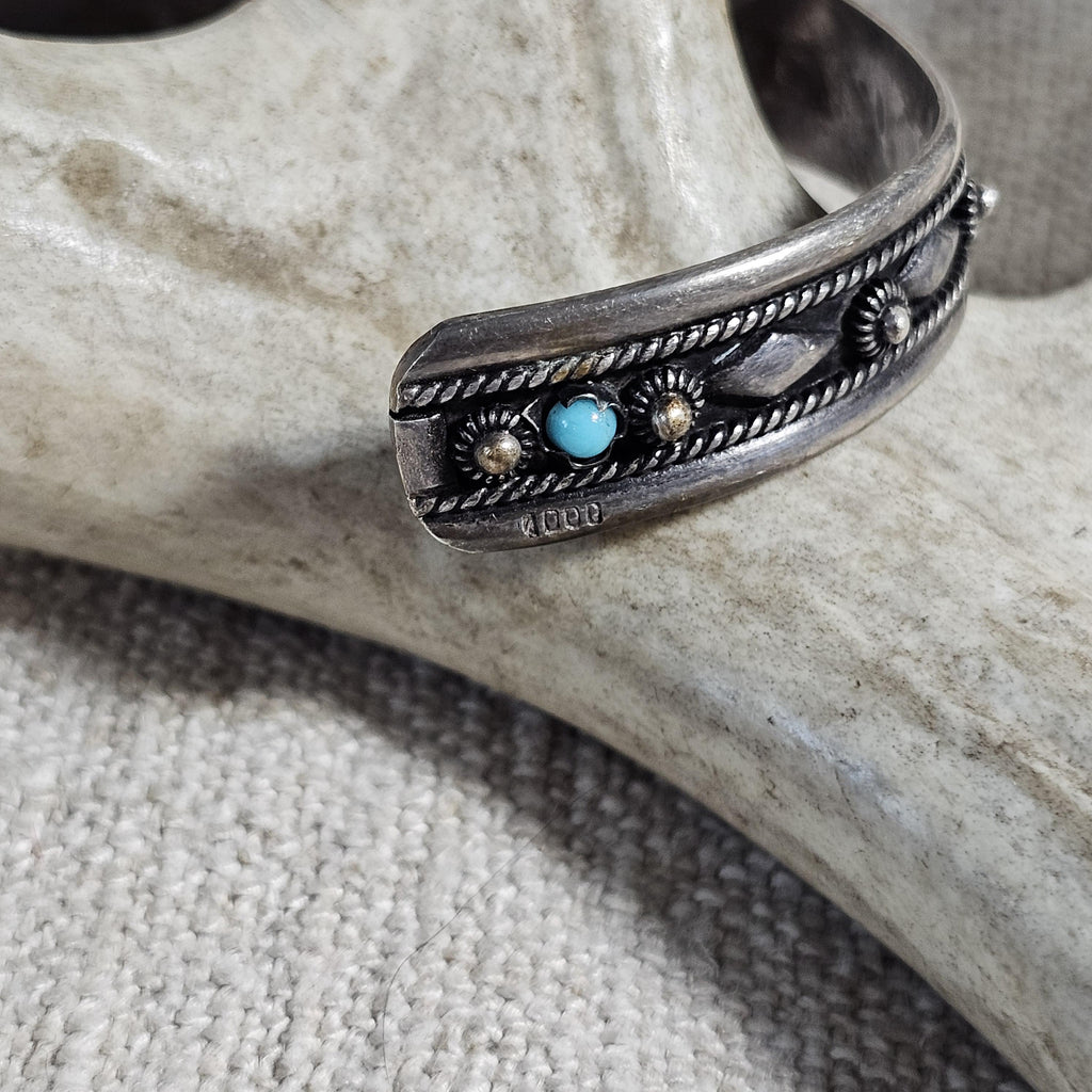 1940s Vintage Turquoise & Silver Raindrops Native Cuff Bracelet Old Pawn  6 3/4" wrist. JB 235