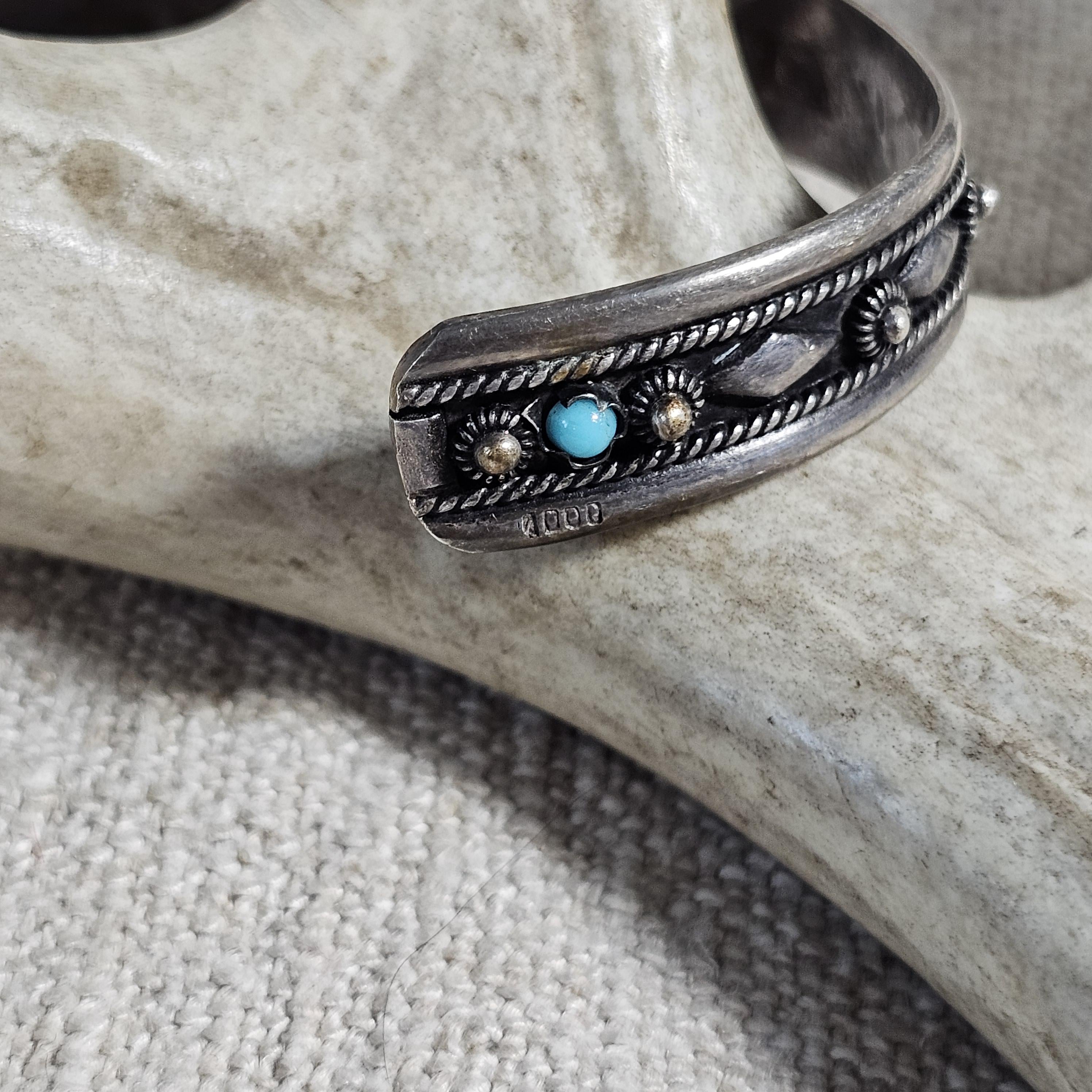 1940s Vintage Turquoise & Silver Raindrops Native Cuff Bracelet Old Pawn  6 3/4" wrist. JB 235