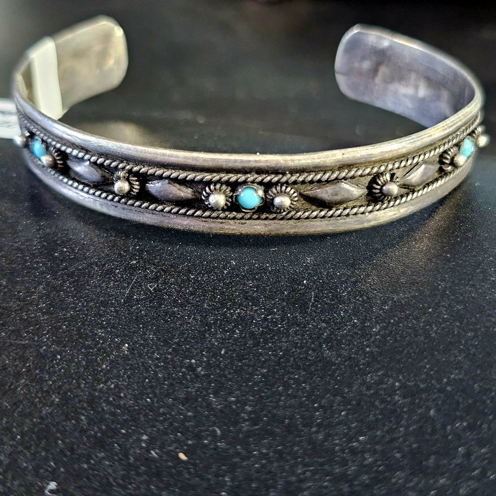1940s Vintage Turquoise & Silver Raindrops Native Cuff Bracelet Old Pawn  6 3/4" wrist. JB 235