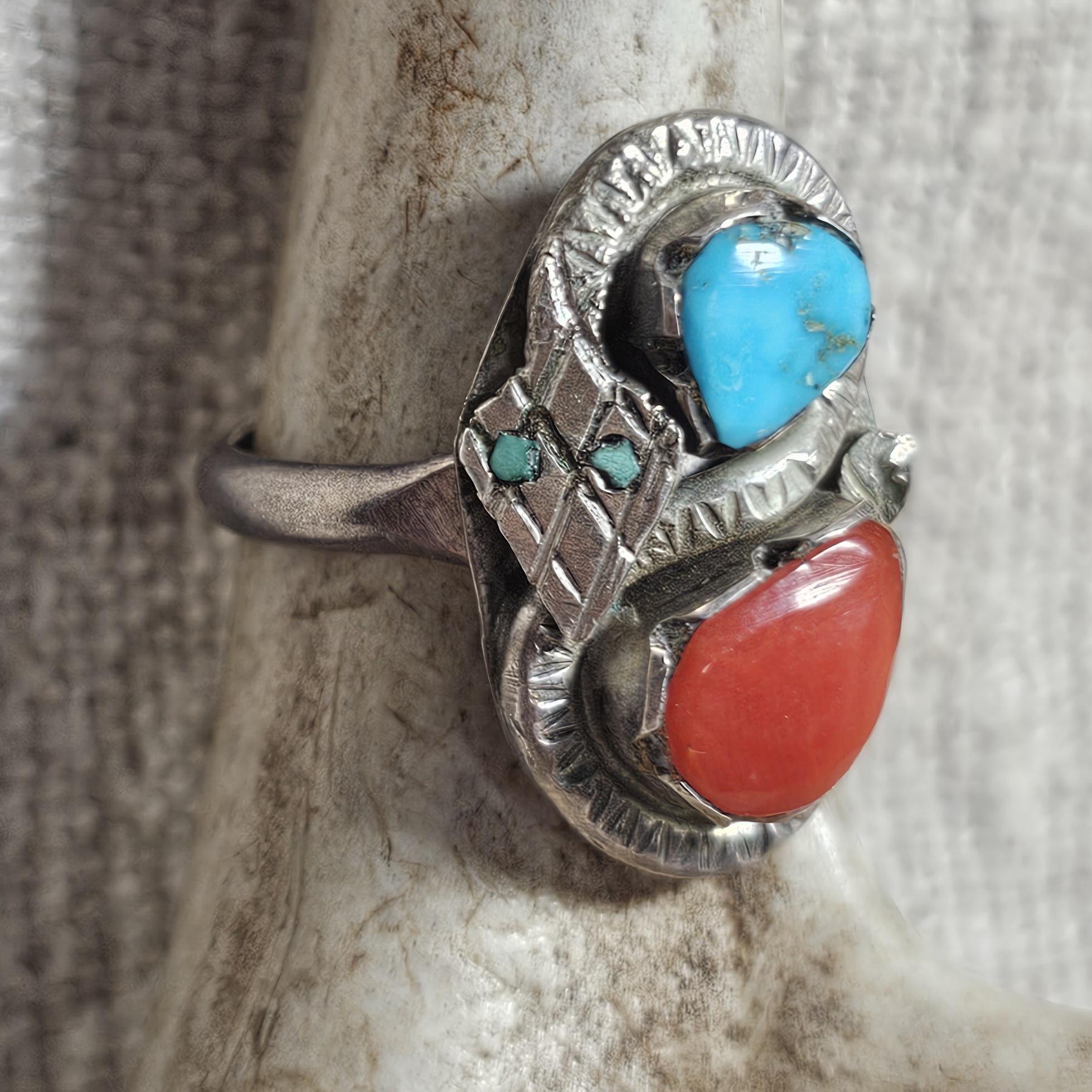 Snake Effie Type Vintage Native Turquoise & Coral Size 8 Old Pawn  JR 755