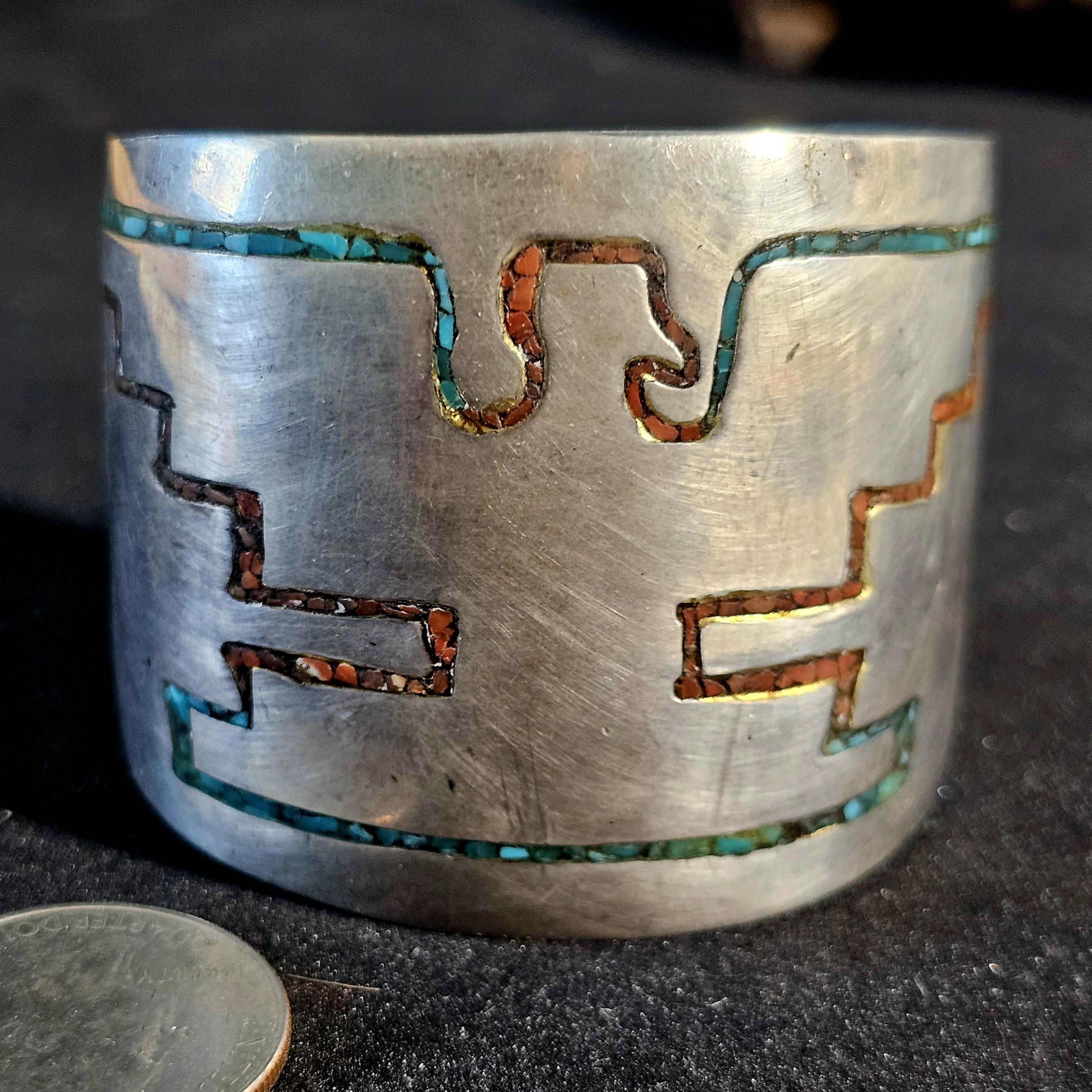 1930s Rare Harvey Era Thunderbird Sterling Zuni Inlay Wide Vintage Cuff  6 1/4" wrist  JB 283