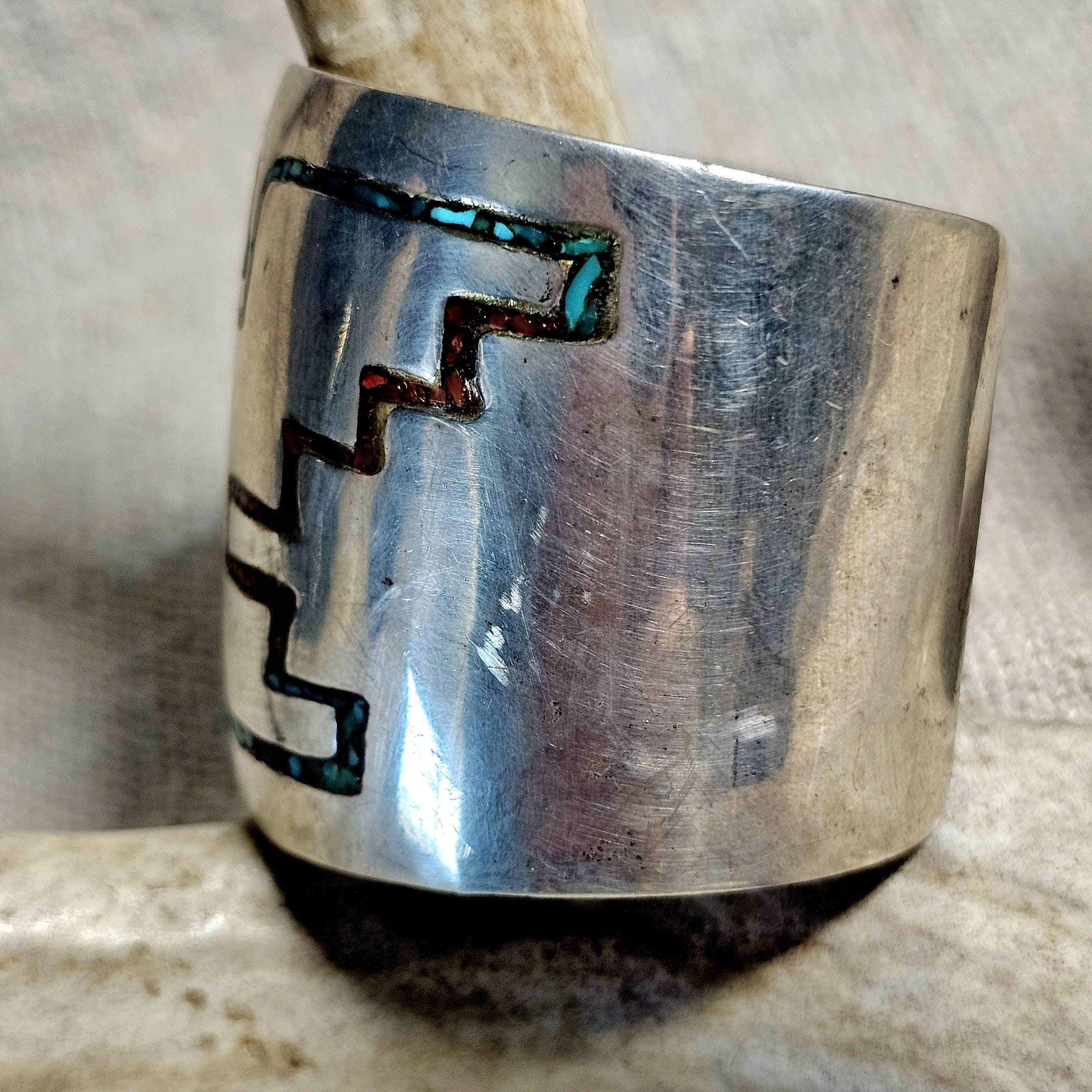 1930s Rare Harvey Era Thunderbird Sterling Zuni Inlay Wide Vintage Cuff  6 1/4" wrist  JB 283