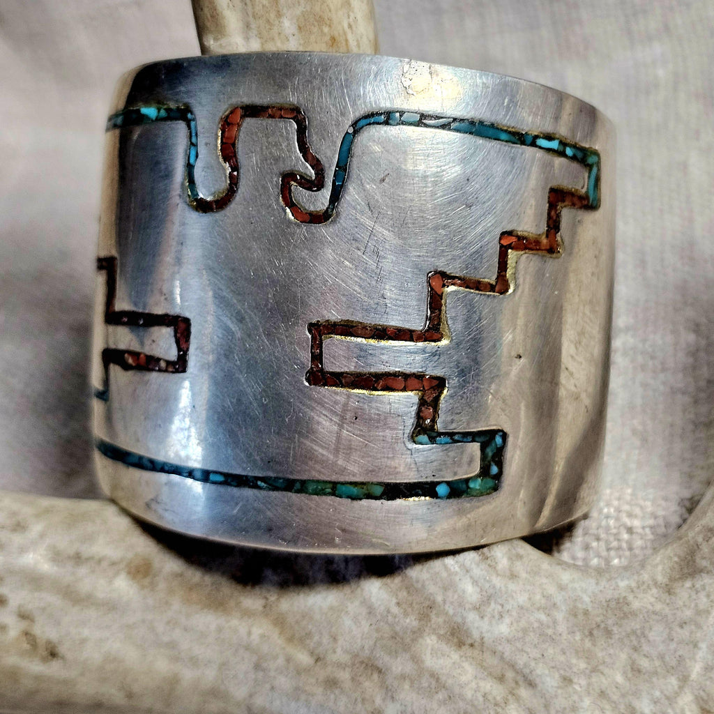 1930s Rare Harvey Era Thunderbird Sterling Zuni Inlay Wide Vintage Cuff  6 1/4" wrist  JB 283