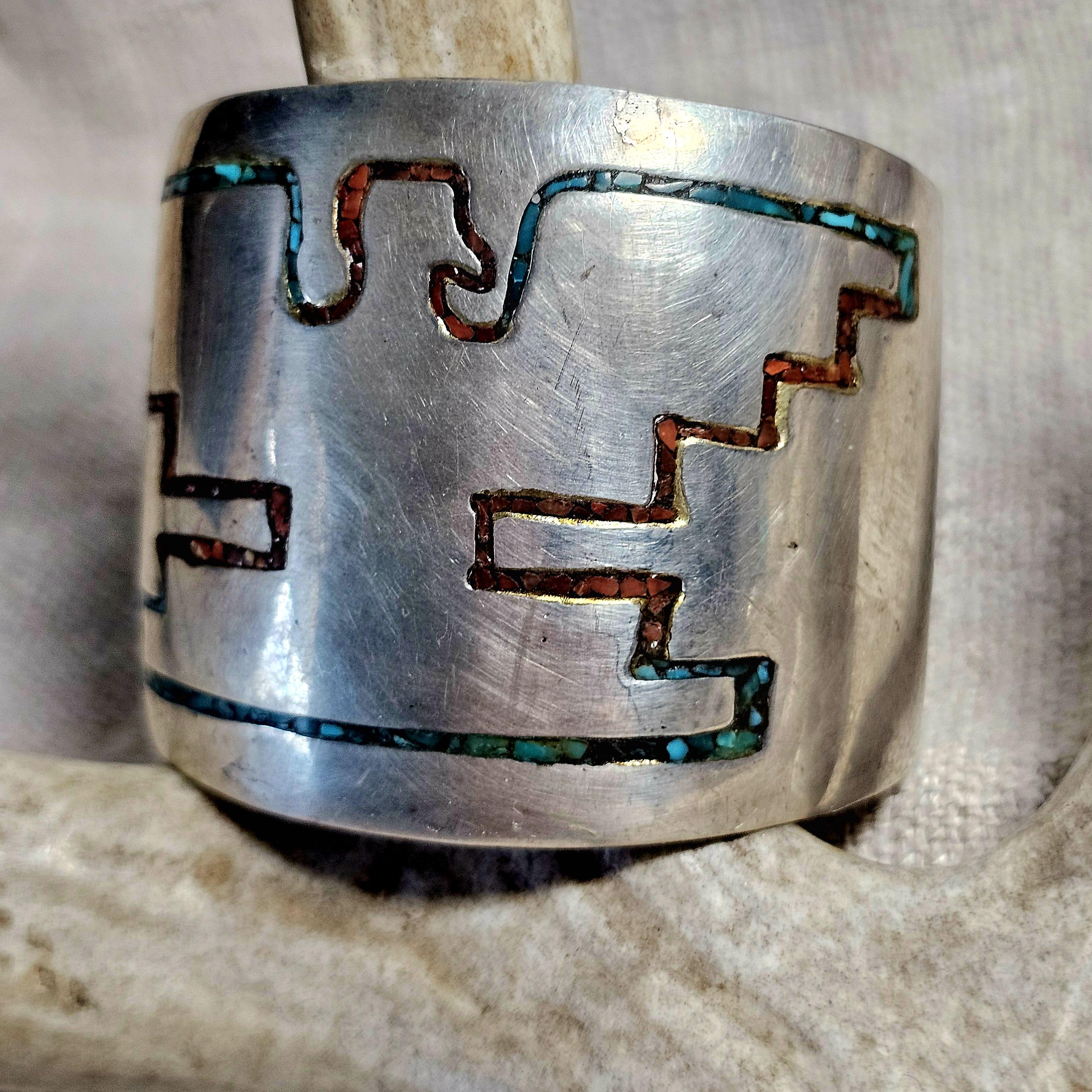 1930s Rare Harvey Era Thunderbird Sterling Zuni Inlay Wide Vintage Cuff  6 1/4" wrist  JB 283