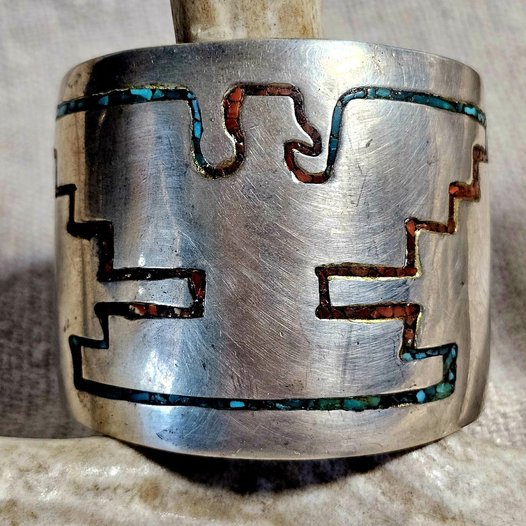 1930s Rare Harvey Era Thunderbird Sterling Zuni Inlay Wide Vintage Cuff  6 1/4" wrist  JB 283