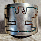1930s Rare Harvey Era Thunderbird Sterling Zuni Inlay Wide Vintage Cuff  6 1/4" wrist  JB 283