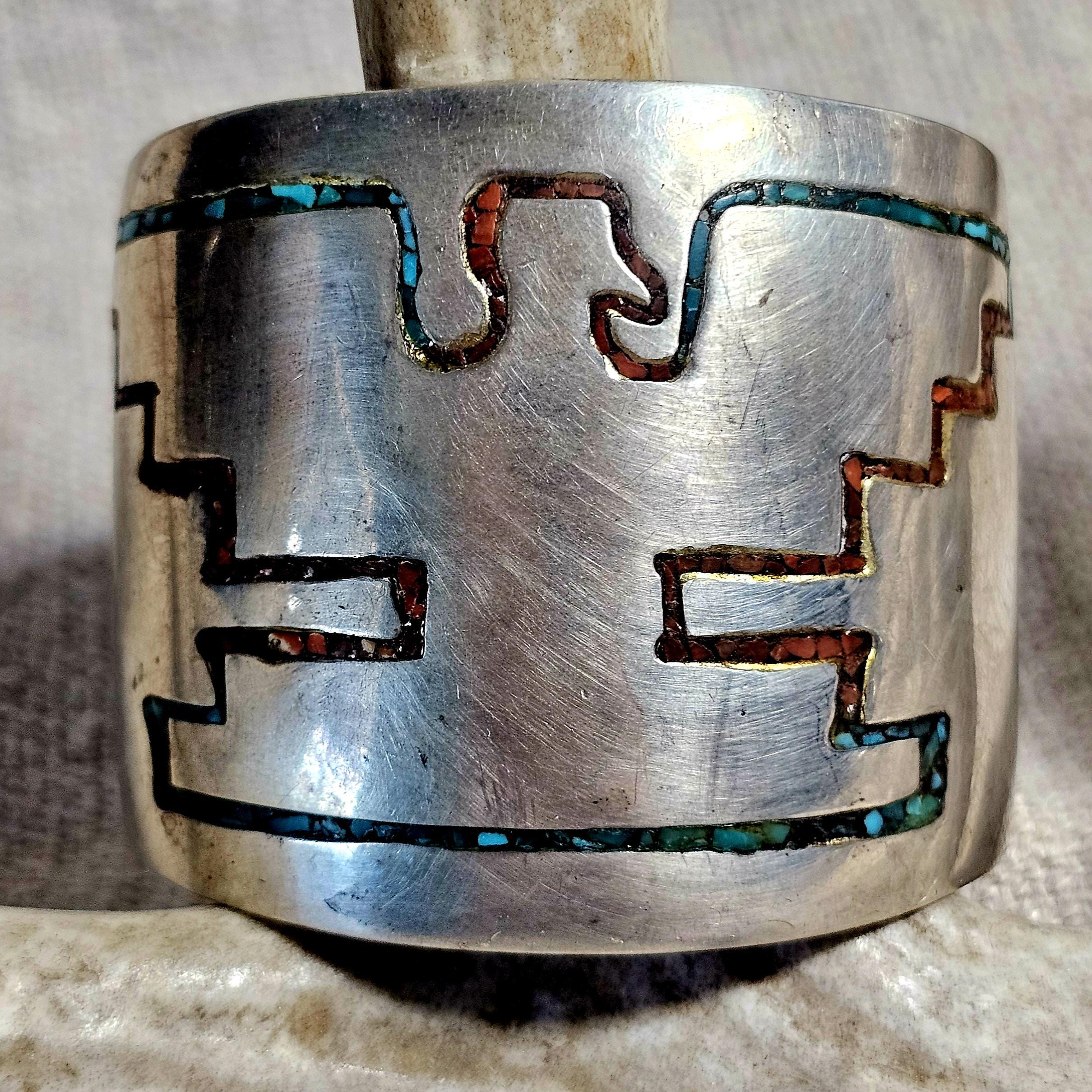 1930s Rare Harvey Era Thunderbird Sterling Zuni Inlay Wide Vintage Cuff  6 1/4" wrist  JB 283