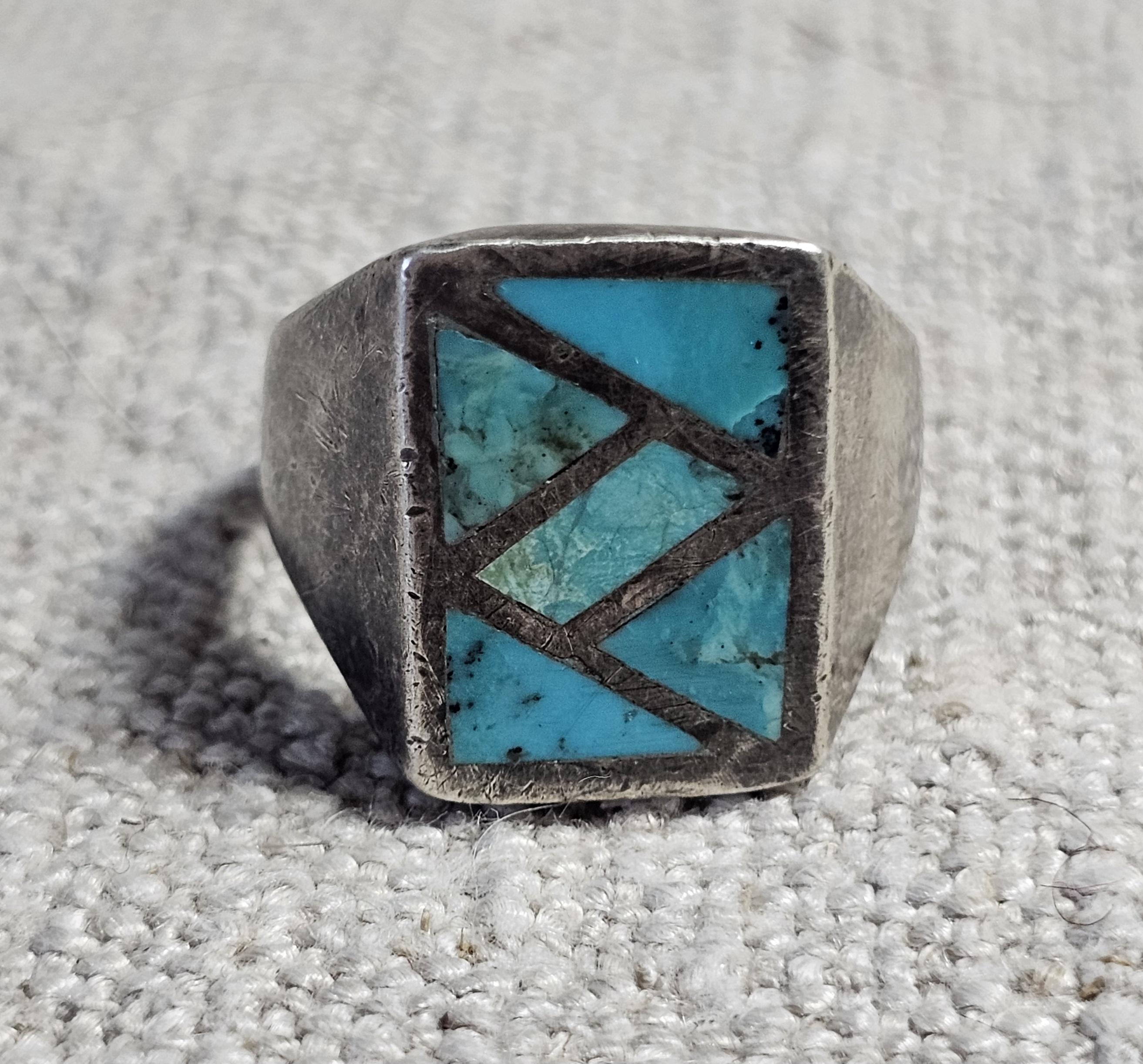1950s Zuni Turquoise Inlay Vintage  Ring Sterling Old Pawn Size 10 JR 361