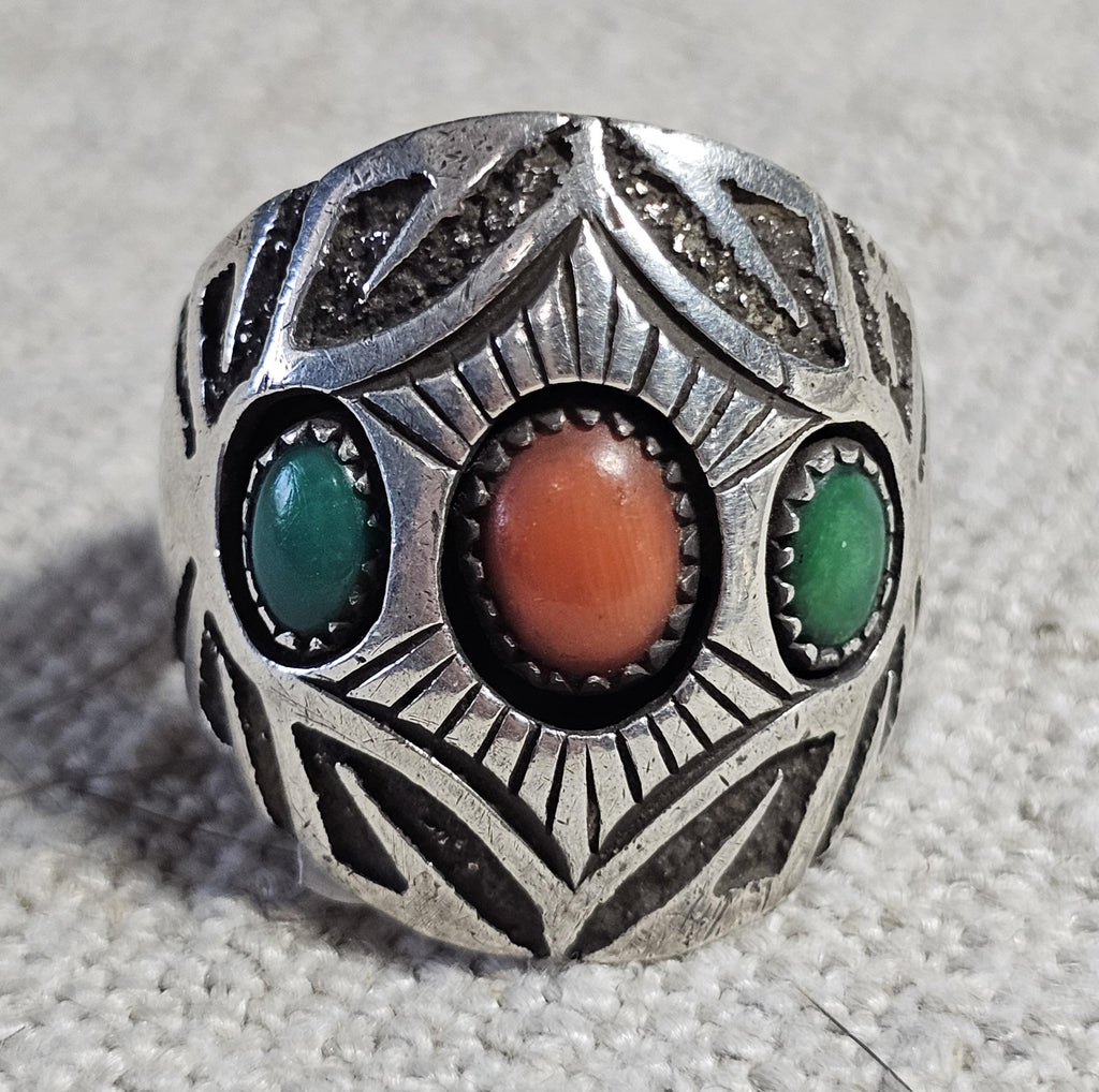 Navajo Signed Turquoise & Coral Sterling Ring Size 11  - Old Pawn JR 479