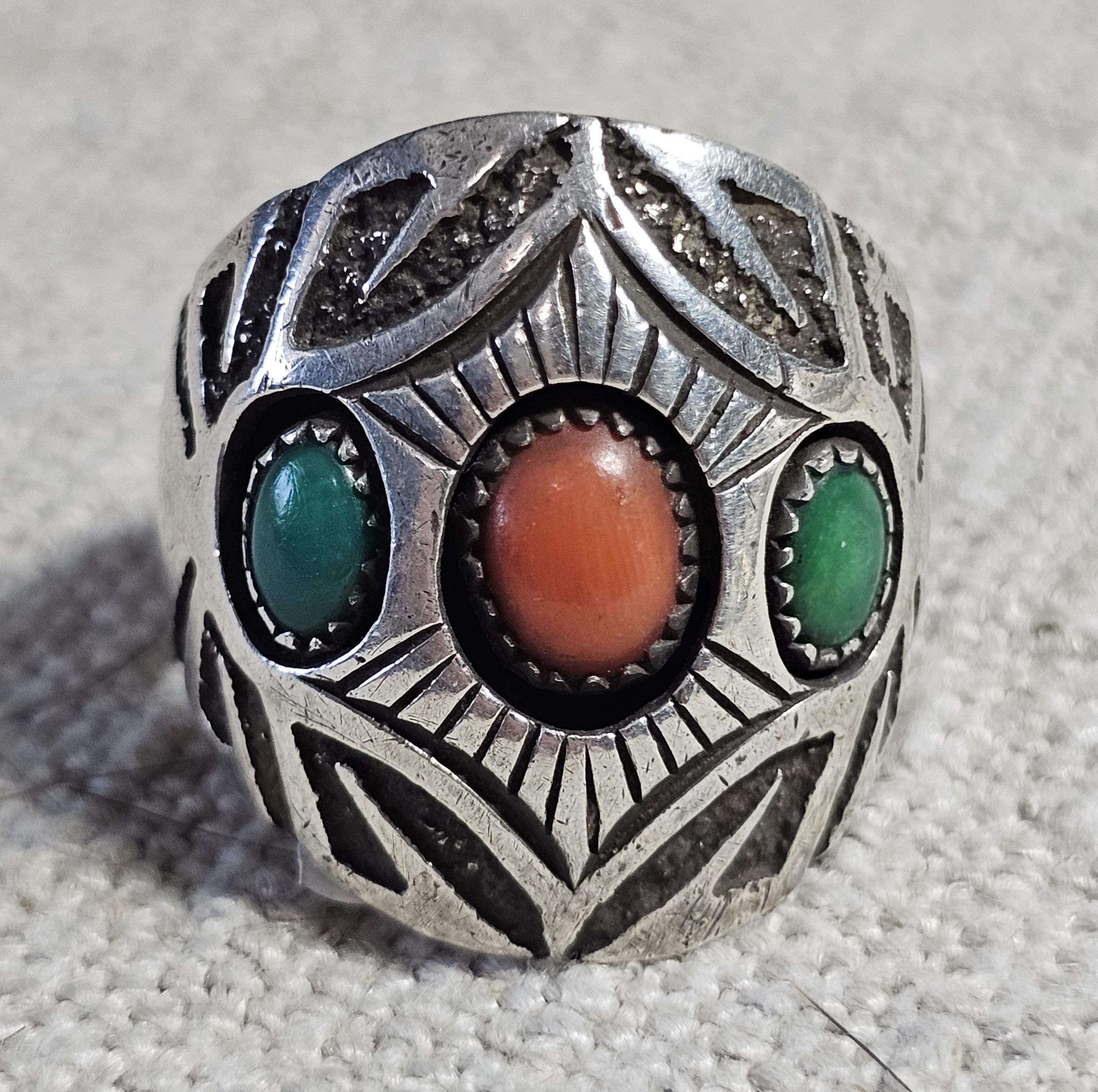 Navajo Signed Turquoise & Coral Sterling Ring Size 11  - Old Pawn JR 479