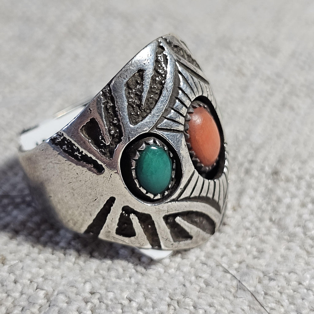 Navajo Signed Turquoise & Coral Sterling Ring Size 11  - Old Pawn JR 479
