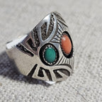Navajo Signed Turquoise & Coral Sterling Ring Size 11  - Old Pawn JR 479