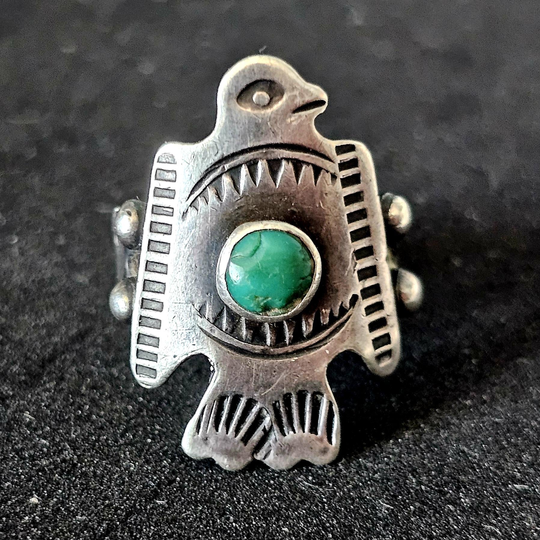 1930s Thunderbird Turqupise Vintage Native Ring Sterling Old Pawn Size 6 JR 651