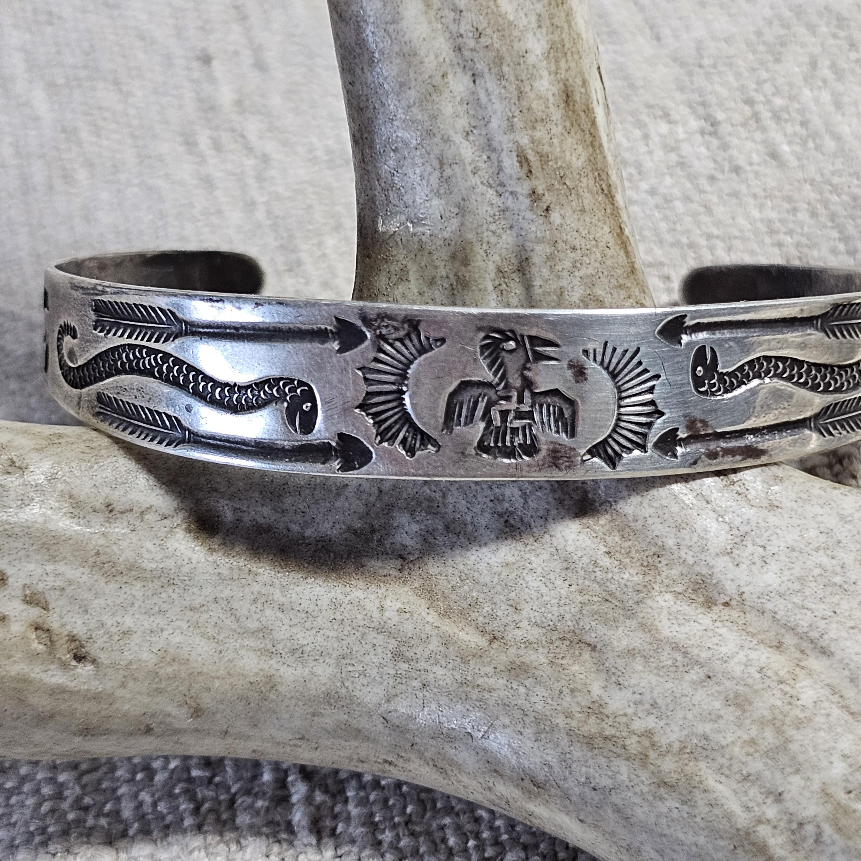1930s Thunderbird Whirling Log Sterling Cuff  7" wrist  JB 295