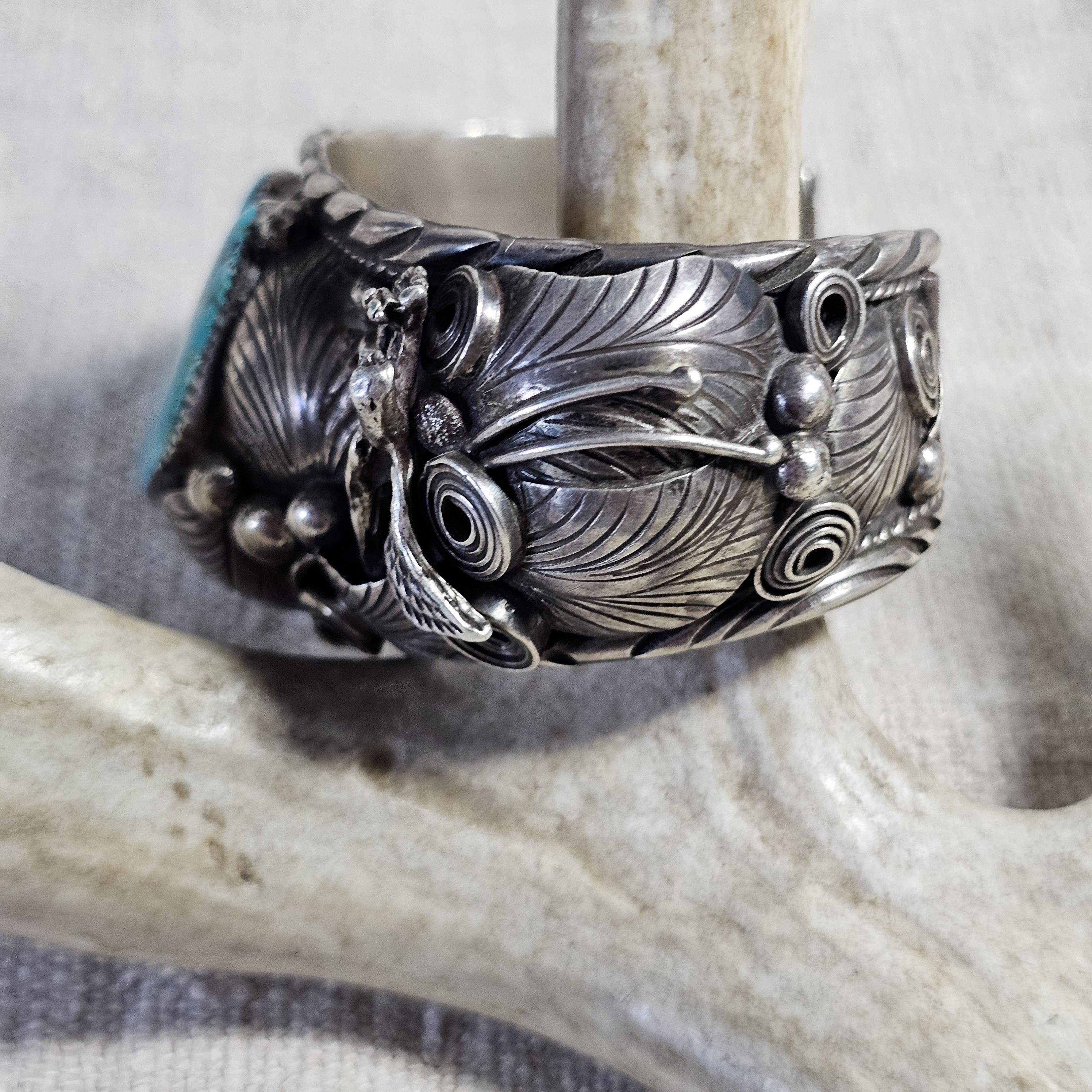 Vintage Large Turquoise & Eagle Cuff Native Sterling Silver 7 1/2" wrist. JB 293