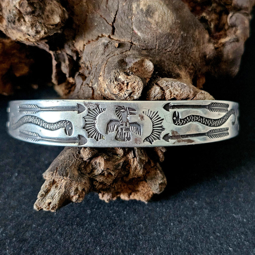 1930s Thunderbird Whirling Log Sterling Cuff  7" wrist  JB 295