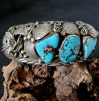 Vintage Large Turquoise & Eagle Cuff Native Sterling Silver 7 1/2" wrist. JB 293