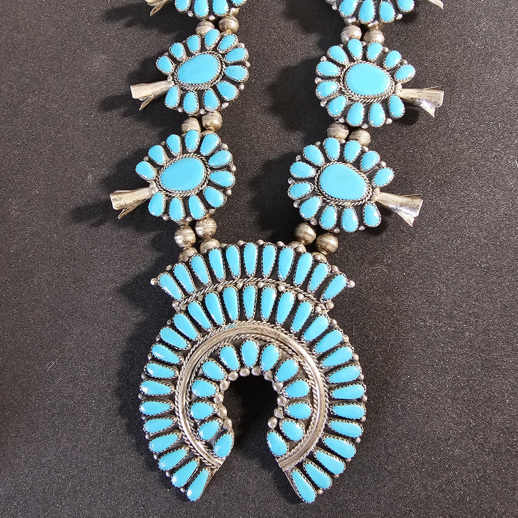 Signed Zuni Statement Blue Turquoise Squash Blossom Necklace: Old Pawn Sterling Silver  JN 741