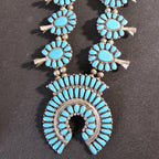 Signed Zuni Statement Blue Turquoise Squash Blossom Necklace: Old Pawn Sterling Silver  JN 741