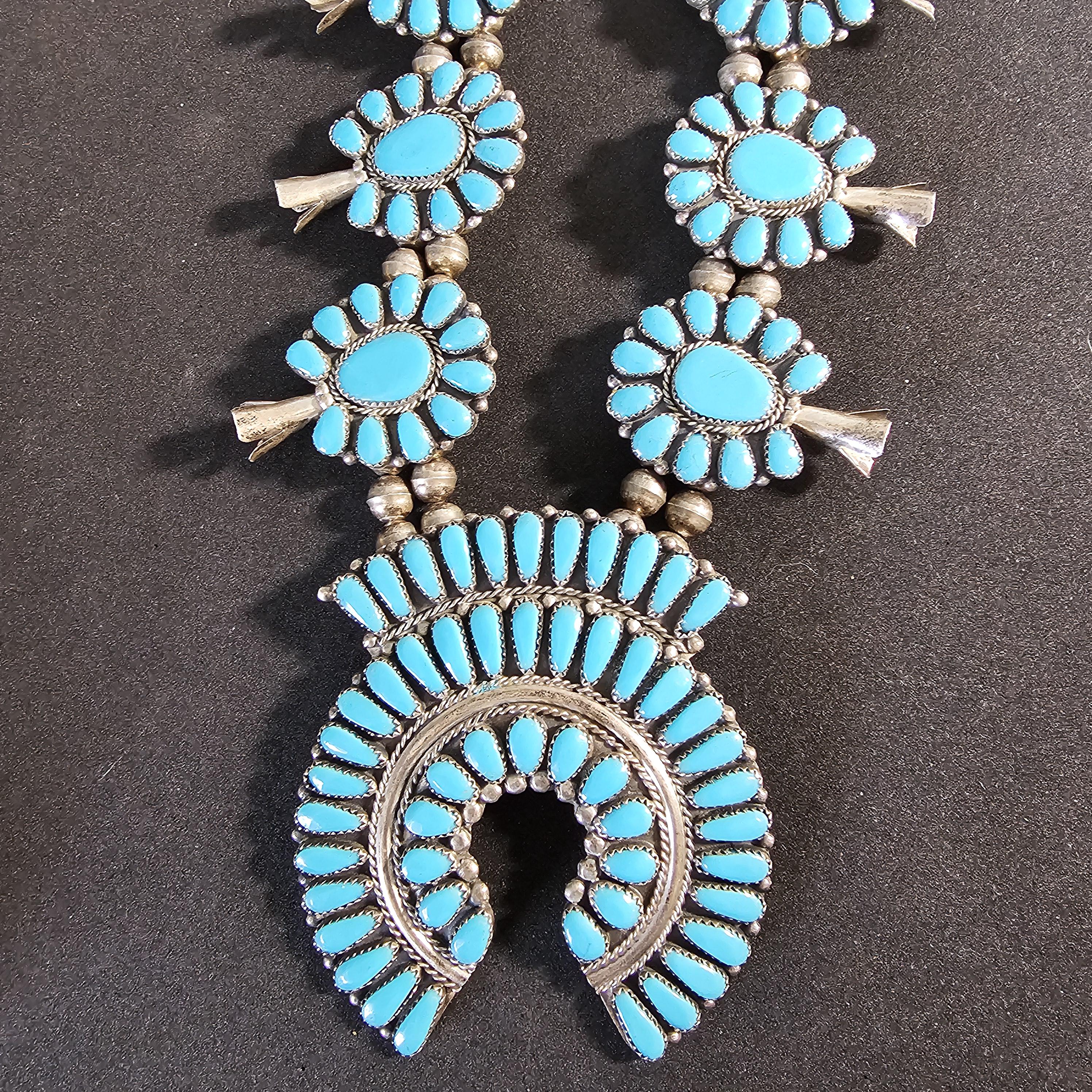 Signed Zuni Statement Blue Turquoise Squash Blossom Necklace: Old Pawn Sterling Silver  JN 741