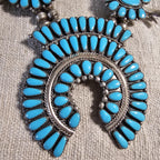 Signed Zuni Statement Blue Turquoise Squash Blossom Necklace: Old Pawn Sterling Silver  JN 741