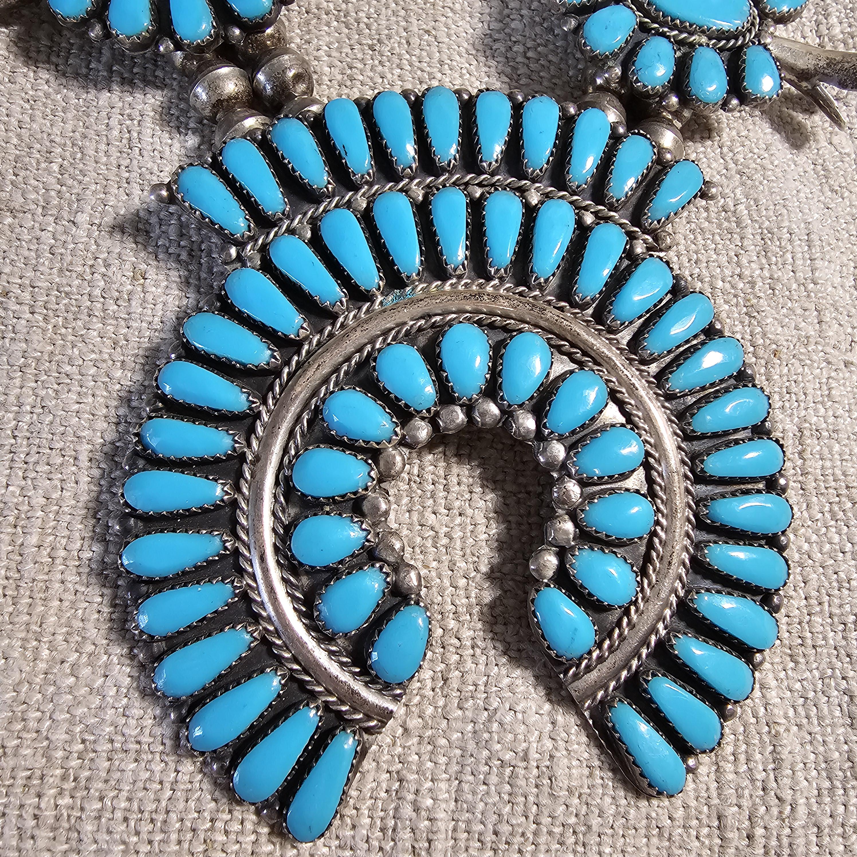 Signed Zuni Statement Blue Turquoise Squash Blossom Necklace: Old Pawn Sterling Silver  JN 741