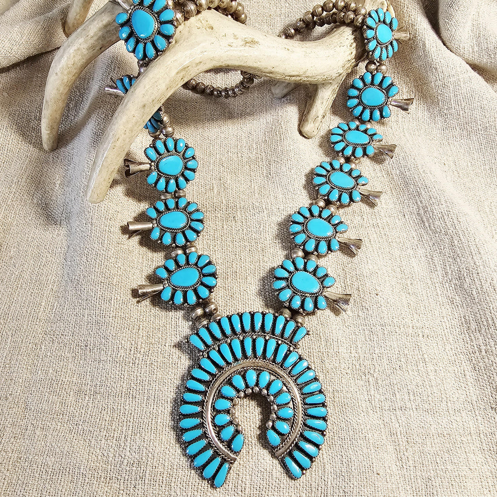 Signed Zuni Statement Blue Turquoise Squash Blossom Necklace: Old Pawn Sterling Silver  JN 741